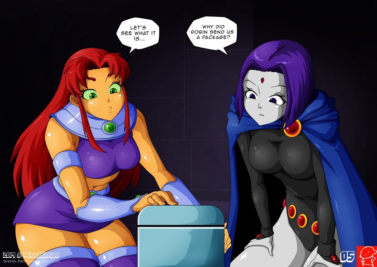 2girls, abs, breasts, comic, dc, dc comics, english text, female, female only, forehead jewel, green eyes, miniskirt, navel, page 5, purple hair, raven (dc), red hair, smooth skin, starfire, teen titans, tight clothing, witchking00