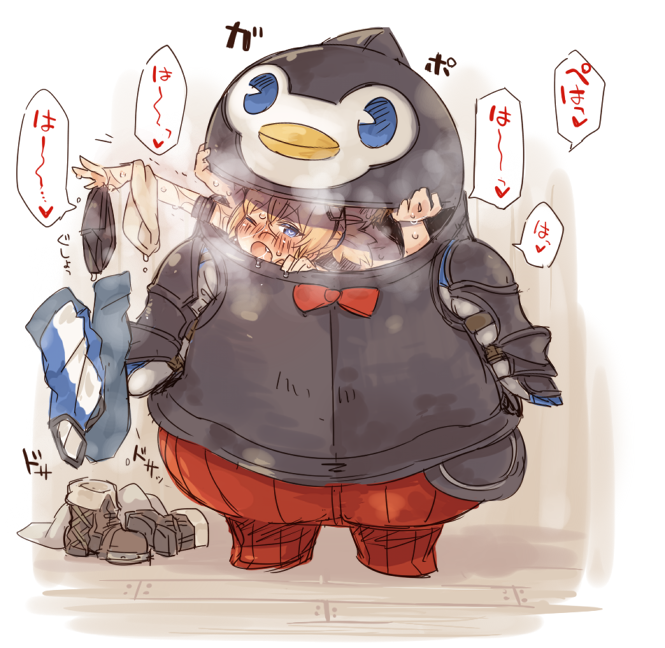 7010 animal_costume bird blonde_hair blue_eyes blush boots bow brown_boots female gradient_background granblue_fantasy nose_blush penguin penguin_costume pengy_(granblue_fantasy) sex short_hair solo_focus steam sweat