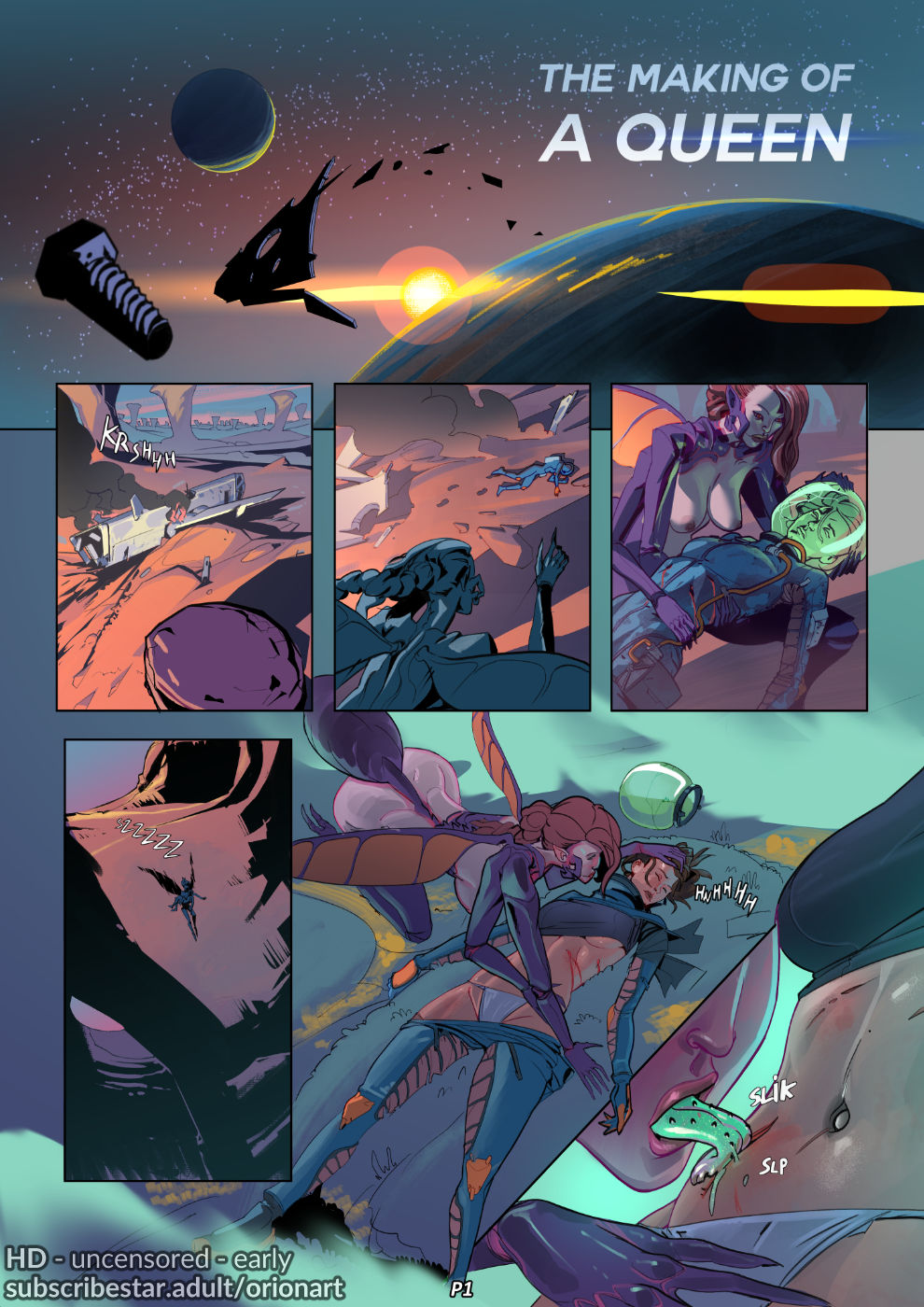 alien girl, alien humanoid, alien/human, clothed, comic page, female, licking, long tongue, orionart, panties, science fiction, spaceship, spacesuit
