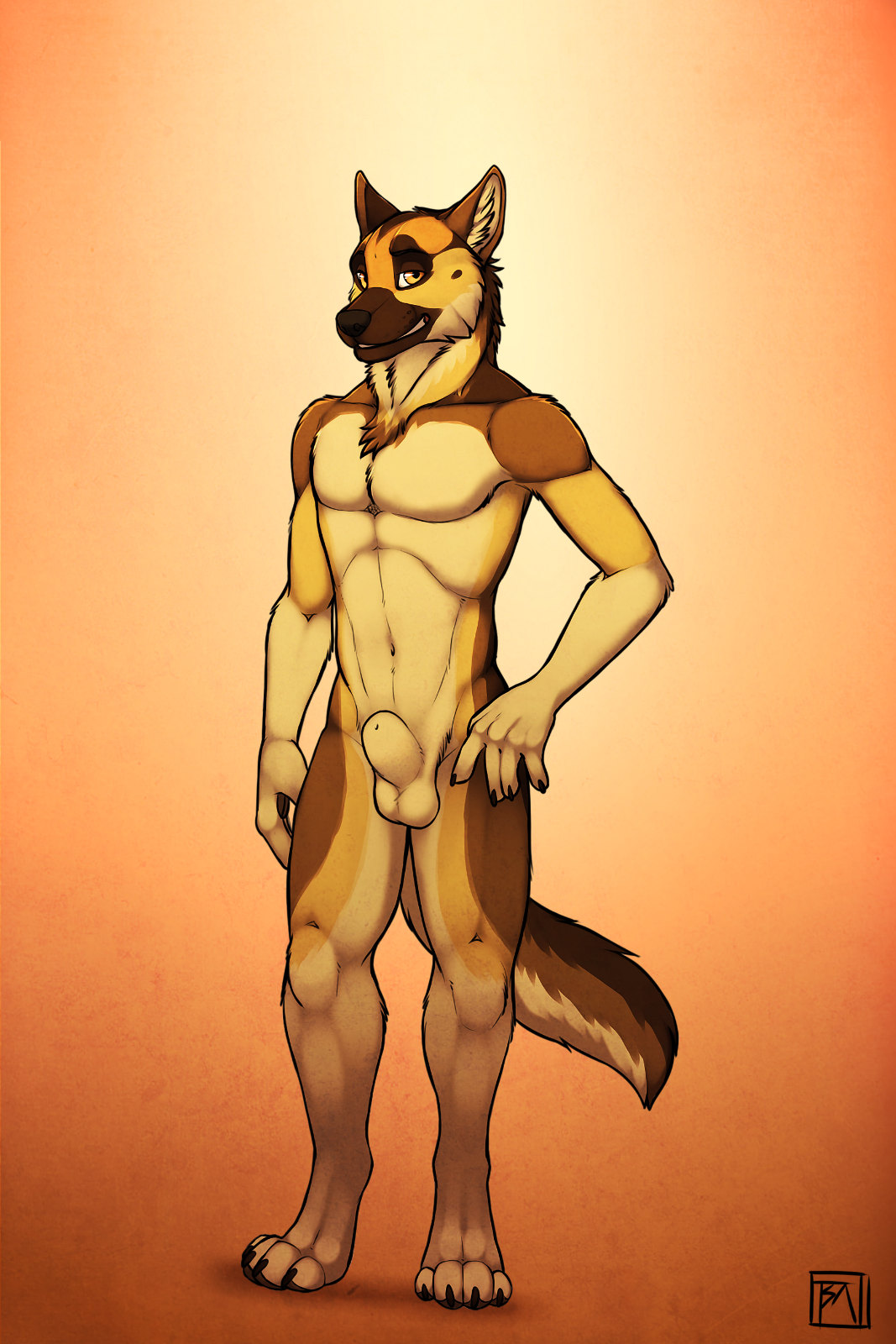 1boy abs anthro balls canine chest_tuft fur german_shepherd male male_only mammal muscular nude pecs solo spudz tsaiwolf tuft