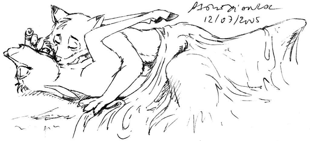 anthro anthro_on_feral blanket canine cervine closed_eyes david_siegl deer female feral fox furry interspecies kissing lying male mammal missionary_position monochrome on_back open_mouth predator/prey sex straight young zoophilia