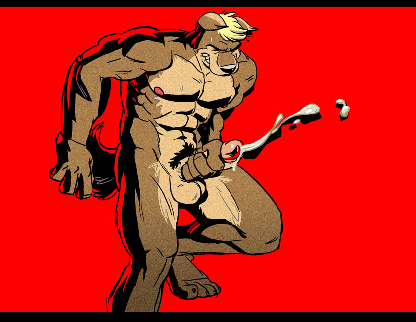 abs balls canine erection male male_only mammal masturbation muscular nude orgasm pecs penis poop_(artist) red_background simple_background solo