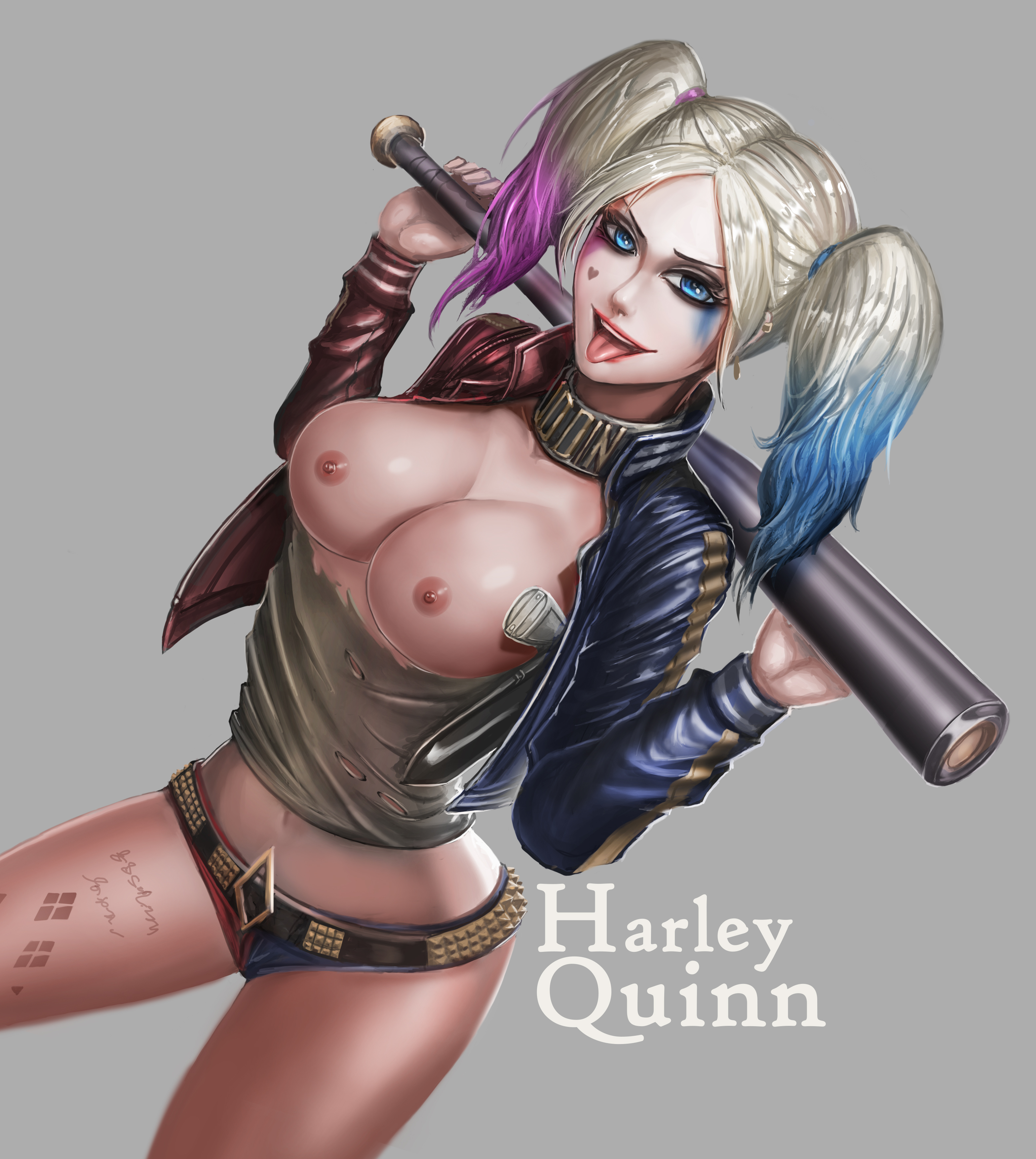 2d, arms up, badcompzero, baseball bat, batman (series), belly, belt, big breasts, blonde hair, blue eyes, blue hair, body writing, breasts, breasts out, character name, choker, color, dc, dc comics, eyeliner, eyes, facepaint, female, firearm, grey background, gun, hair, handgun, harley quinn, holding object, holster, holstered weapon, human, jacket, leg tattoo, light skin, light-skinned female, lips, lipstick, long hair, looking at viewer, makeup, microshorts, multicolored hair, navel, necklace, nipples, no bra, no underwear, open clothes, open jacket, open mouth, pale skin, partially clothed, pink hair, pistol, plain background, pose, ranged weapon, red lipstick, revolver, runny makeup, shiny clothes, shiny skin, shirt, shorts, simple background, slim waist, small lips, solo, suicide squad, tattoo, tattoos, teeth, text, thighs, three-tone hair, tied hair, tilted camera, tongue, tongue out, torn clothes, torn shirt, torn topwear, twintails, undershirt, wardrobe malfunction, weapon