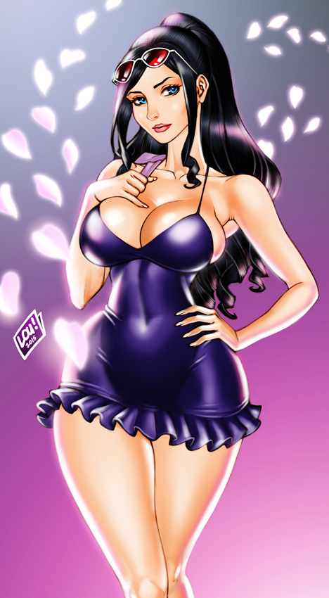 black_hair cleavage dress dressrosa female female_only long_hair loubotix nico_robin one_piece solo standing sunglasses