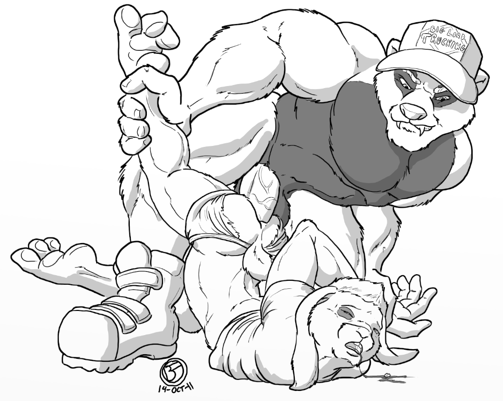 2boys anal badger bara beachfox big_muscles big_penis black_and_white black_eye boots clothed clothing fangs feet footwear forced hat lagomorph male male_only mammal monochrome multiple_boys muscular mustelid pain penis rabbit rape shirt smirk trucker underwear vein yaoi