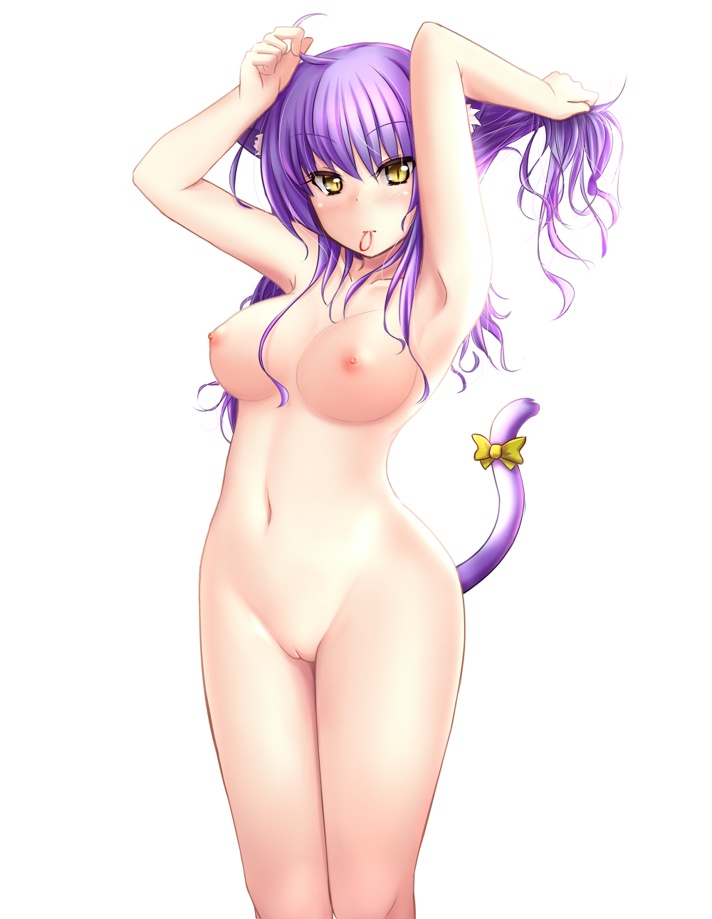 anakin_sky_(utcc) animal_ears armpits arms_up blush breasts cat_ears cat_tail female highres long_hair mouth_hold navel nipples nude original purple_hair pussy ribbon simple_background slit_pupils solo tail white_background yellow_eyes