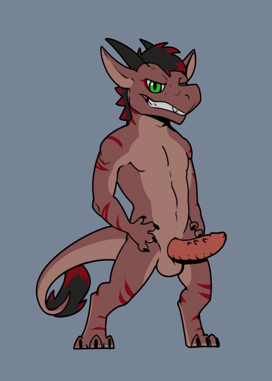 1boy alternate_species anthro balls barbs barefoot digitigrade draca erection full-length_portrait full_length hands_on_hips horn kobold korichi male male_only naughty_face nude penis pinup portrait pose scalie sheath solo standing