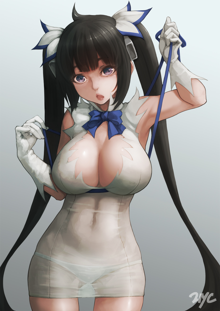 21yc, black hair, blue eyes, breasts, cleavage, dress, dungeon ni deai wo motomeru no wa machigatteiru darou ka, female, gloves, hestia (danmachi), large breasts, panties, see-through, solo, standing, tied hair, twintails