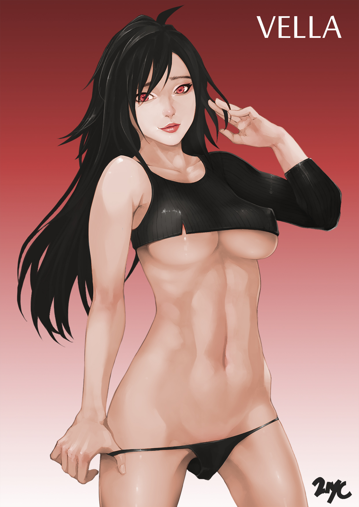 1girls, 21yc, black hair, breasts, female, long hair, navel, panties, red eyes, solo, standing, underboob, vella (vindictus), vindictus