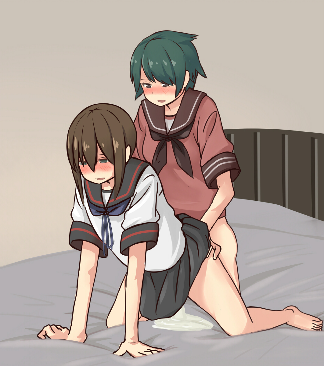 2girls blush brown_hair cum cum_pool doggy_style fubuki_(kantai_collection) futa_on_female futanari hair heavy_breathing highres implied_futanari intersex kantai_collection mogami_(kantai_collection) multiple_girls school_uniform serafuku sex short_hair umonebi