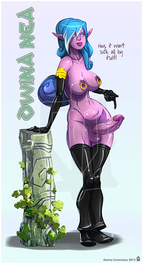2013, blue hair, dickgirl, dwina nea moonfall, erection, futanari, intersex, kamina1978, night elf, nipple piercing, nipples, penis, piercing, pointy ears, standing, warcraft, watermark, world of warcraft