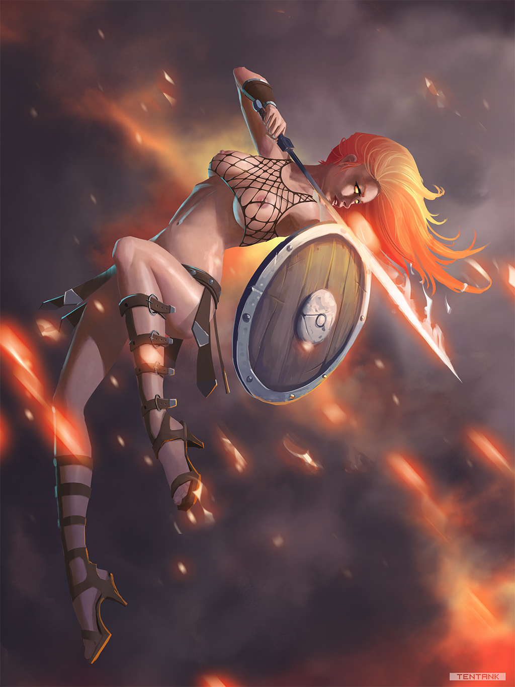 breasts female fishnet functionally_nude high_heels long_hair nipples orange_hair shield solo sword tentank warrior weapon