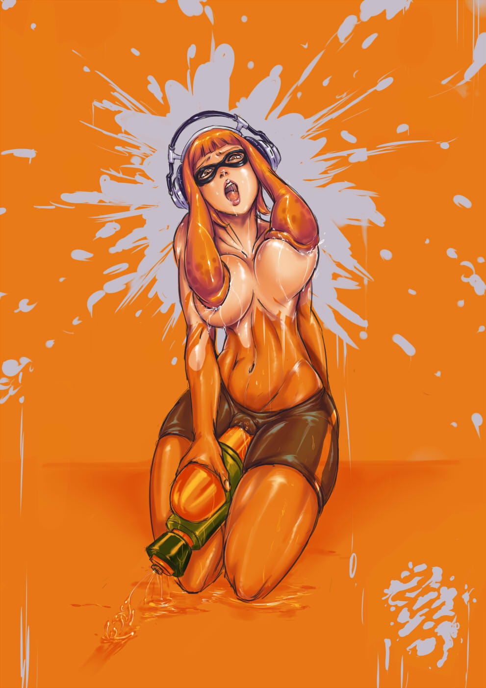 1girls anthro big_breasts breasts cephalopod cephalopod_humanoid faymantra headphones humanoid inkling inkling_girl kaori_(splatoon) kneeling lactation large_breasts mask mask_(marking) masturbation masturbation_through_clothing milk navel nintendo nipple_suck open_mouth orange_eyes orange_hair orange_theme pointy_ears pussy_juice rubbing saliva shorts solo solo_female splatoon splattershot squid straight_hair tentacle tentacle_hair