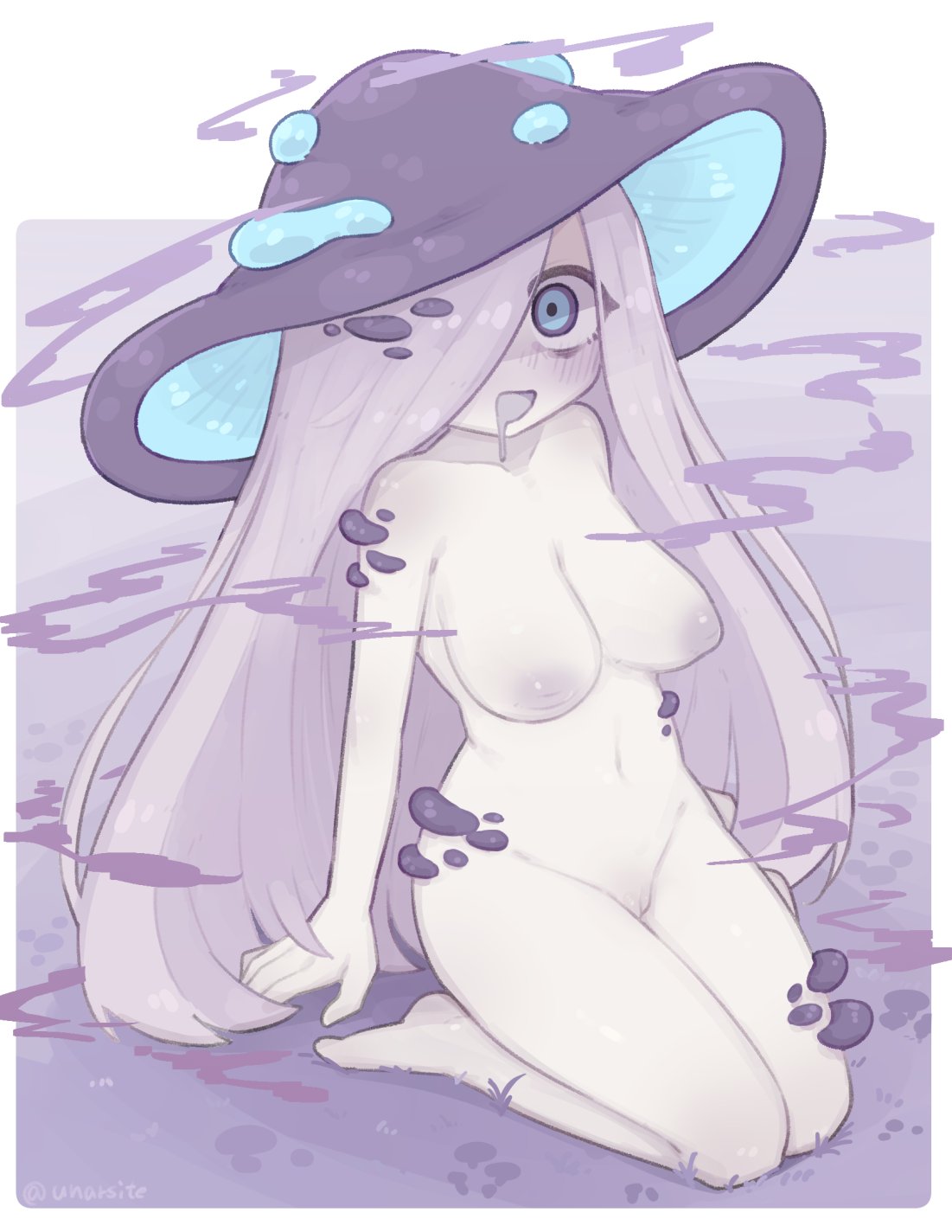 1girls, breasts, breasts out, completely nude, copyright request, drool, drooling, female, fungi humanoid, inverted nipples, long hair, monster girl, mushroom cap, mushroom girl, mushroom humanoid, myconid, nipples, nude, nude female, original character, pussy, sitting, sitting on floor, tagme, unarsite
