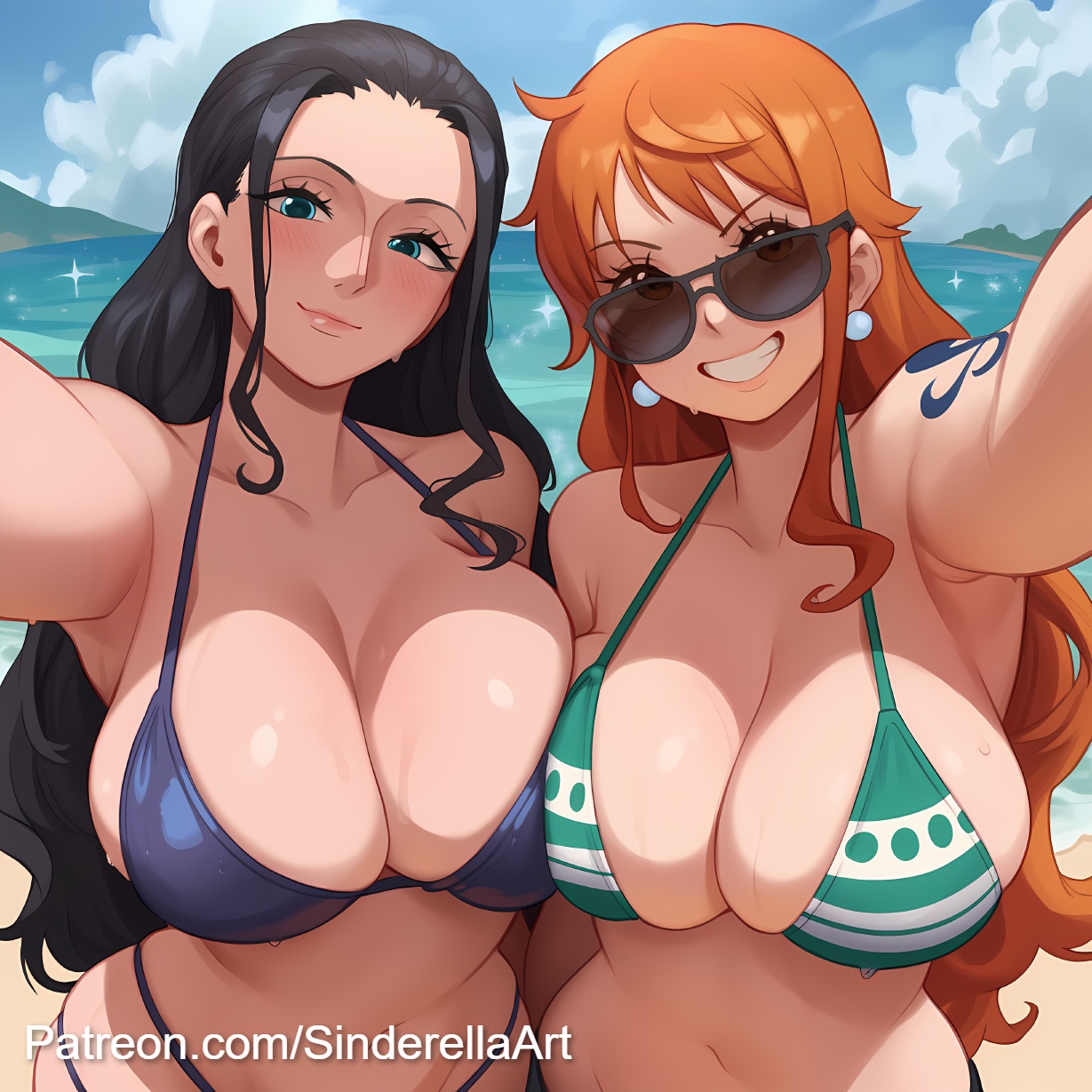 2girls, ai generated, arm tattoo, beach, bikini, black hair, black-haired female, blue tattoo, breasts, busty, cleavage, clothing, commission, duo, female, female only, huge breasts, nami (one piece), nico robin, one piece, orange hair, orange-haired female, patreon, patreon url, patreon username, sinderellaart, tattoo, thick, voluptuous