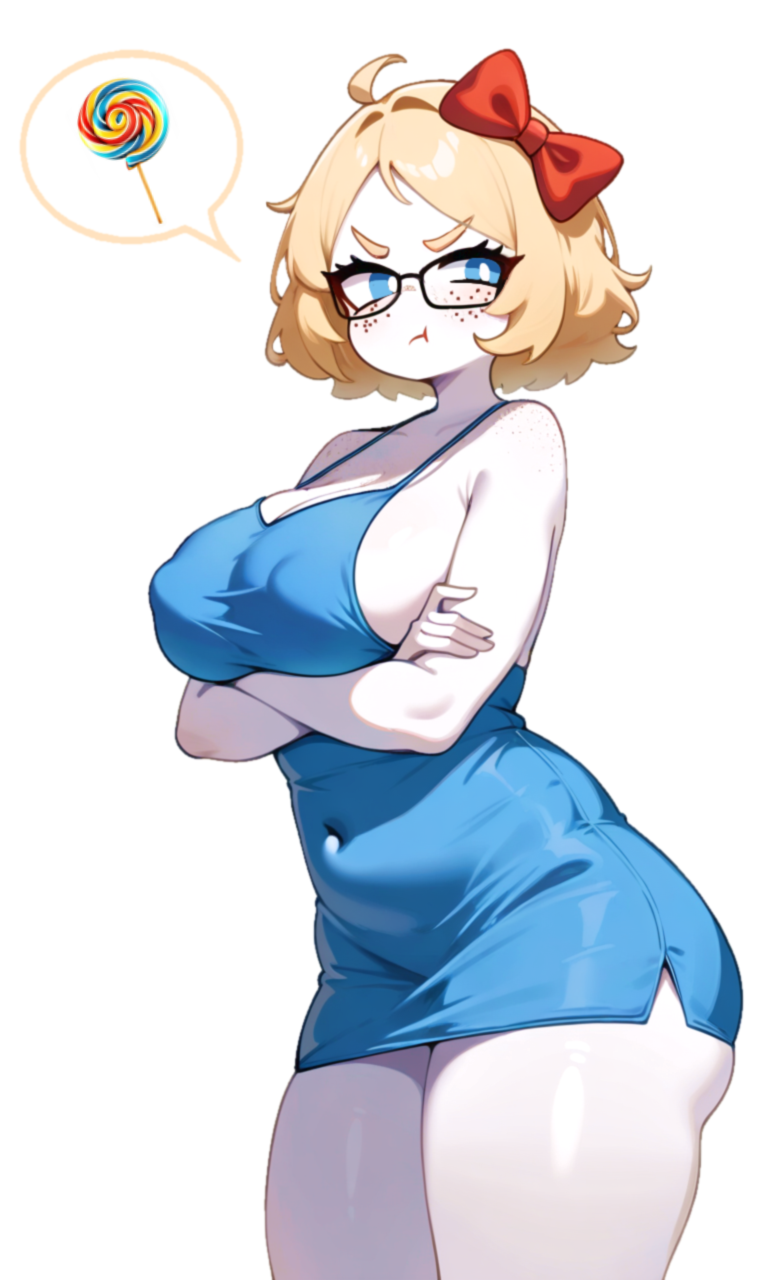 angry arms_crossed blonde_hair blue_eyes blush breasts dress freckles glasses hairbow knightnyan lolipop pout short_hair soyjak soylita thighs white_background white_skin