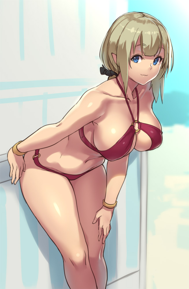 bikini, blonde hair, blue eyes, bocas top, bracelet, breasts, cleavage, elf, female, houtengeki, large breasts, navel, pointy ears, solo, standing