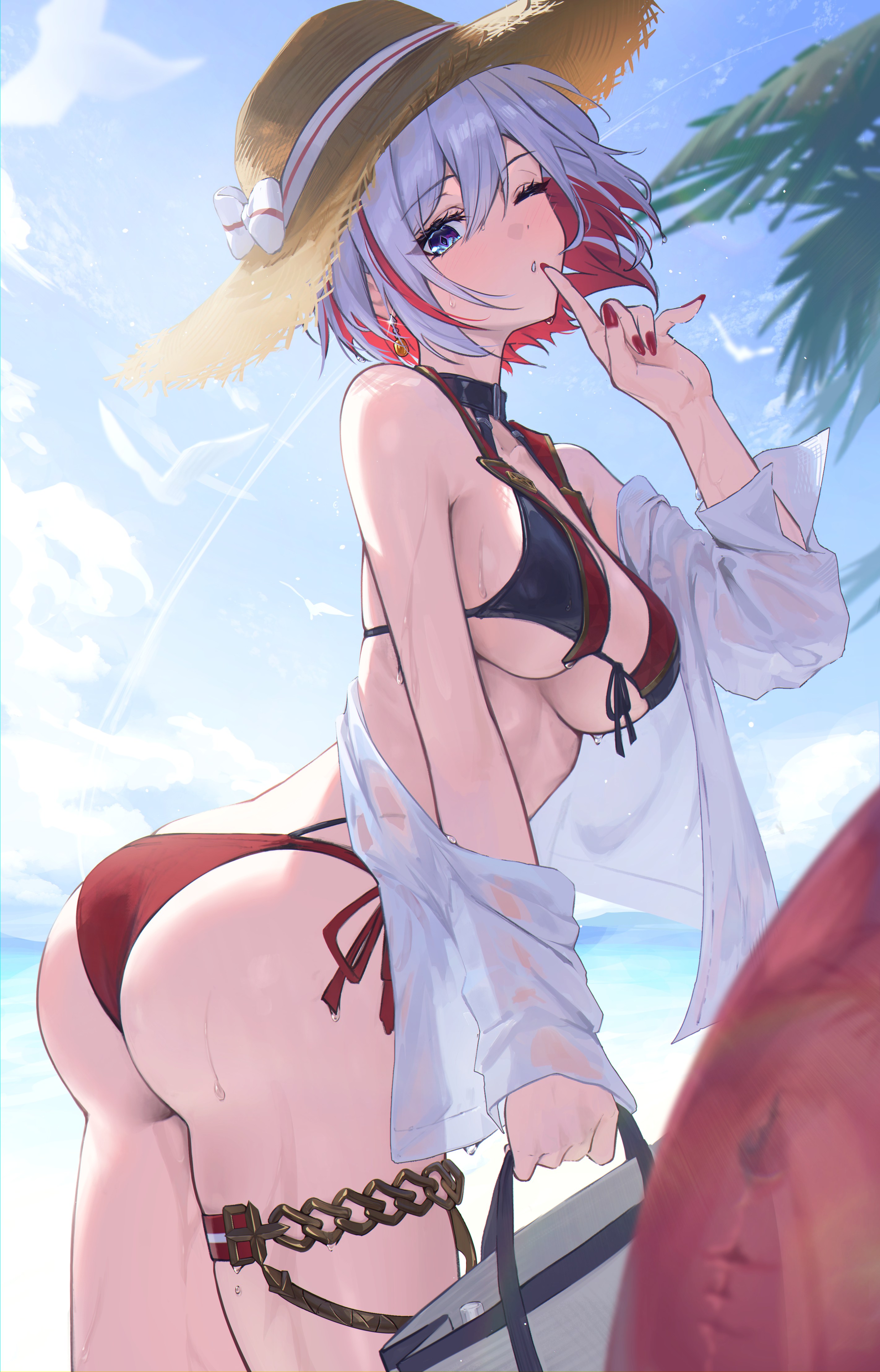 alternate costume, ass, bakemonsou, bare shoulders, big ass, bikini, blue eyes, breasts, colored inner hair, day, earrings, female, finger to mouth, from side, hat, honkai (series), honkai: star rail, jewelry, looking at viewer, looking to the side, medium breasts, medium hair, multicolored hair, one eye closed, outdoors, palm tree, parted lips, red hair, side-tie bikini bottom, sideboob, sky, solo, sun hat, swimsuit, topaz (honkai: star rail), two-tone hair, underboob, water drop, wet, white hair