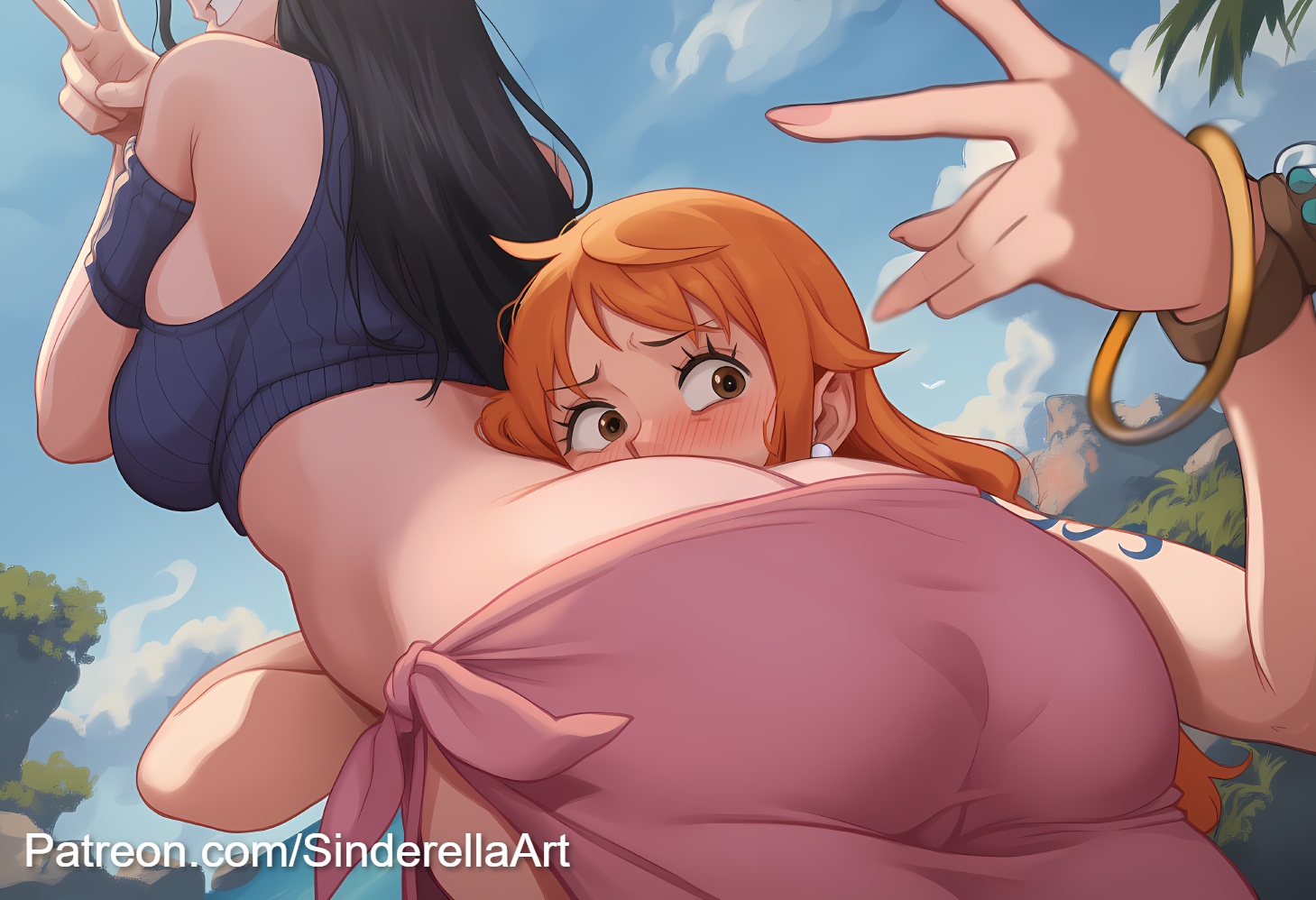 2girls, ai generated, arm tattoo, ass, beach, bikini, black hair, black-haired female, blue tattoo, breasts, busty, cleavage, clothing, commission, duo, female, female only, huge breasts, large ass, nami (one piece), nico robin, one piece, orange hair, orange-haired female, patreon, patreon url, patreon username, sinderellaart, tattoo, tease, thick, thick legs, thick thighs, voluptuous