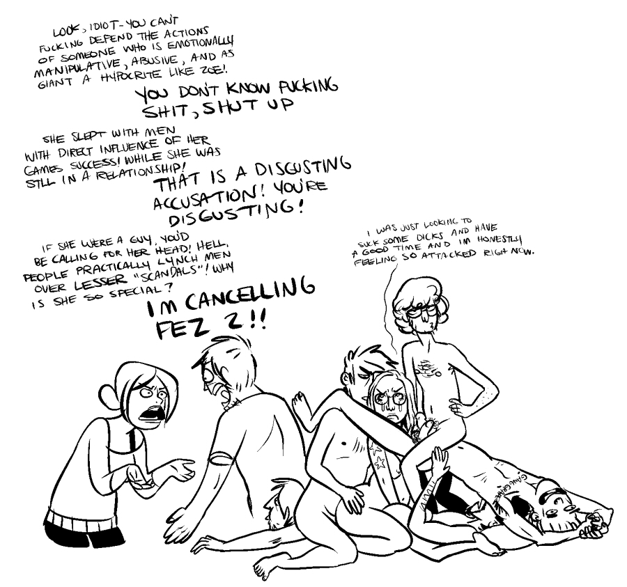 2girls 4boys black_and_white brandon_mccartin human human_only humor joshua_boggs kotaku kyle_pulver monochrome nathan_grayson orgy phil_fish plebcomics robin_arnott satire white_background zoe_quinn