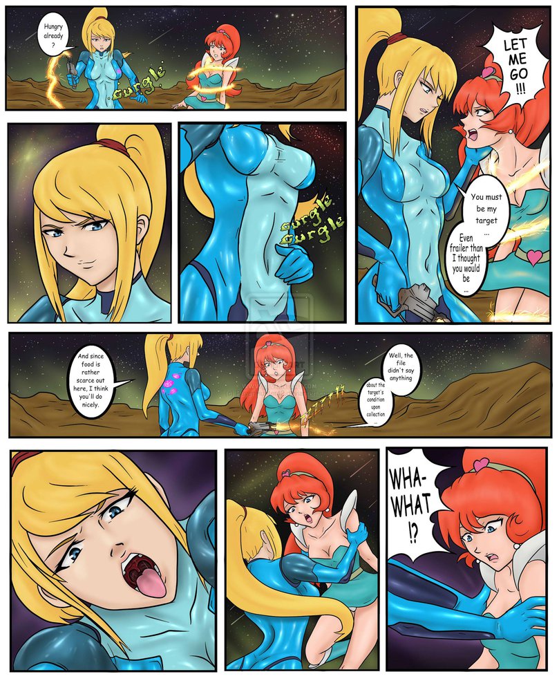 2girls ass bodysuit breasts cleavage clothes clothing comic dress female kimberly metroid multiple_girls nintendo open_mouth samus_aran skin_tight space_ace tight_clothes tongue voraciousmoga vore zero_suit