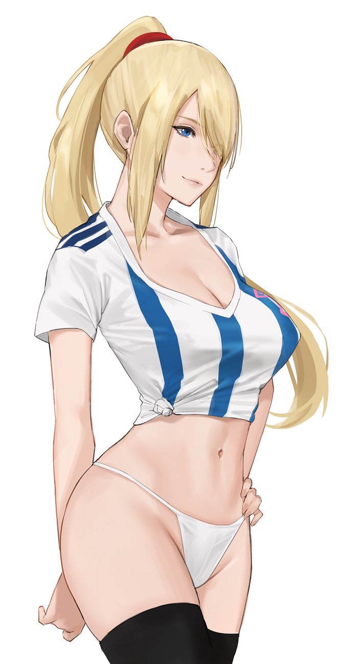 1girls, bare midriff, bare thighs, belly, big breasts, black legwear, black thighhighs, blonde hair, blue eyes, breasts, cleavage, collarbone, confident, female, female focus, female only, hair covering eye, hair over eye, hair over one eye, hand behind back, hand on hip, head tilt, hips, human, human focus, human only, j@ck, large breasts, legwear, light skin, light-skinned female, long hair, metroid, midriff, navel, nintendo, one eye covered, one eye obstructed, panties, ponytail, pose, posing, samus aran, short shirt, smile, smiling, smirk, smirking, solo, solo female, solo focus, stomach, stripes, t-shirt, thick, thick hips, thick thighs, thighhighs, thighs, tied shirt, underwear, white background, white panties, white underwear, wide hips
