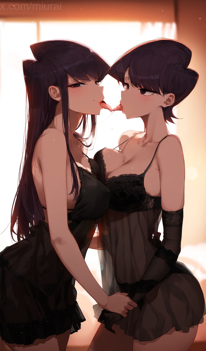 2girls, after kiss, ai generated, asymmetrical docking, backlighting, bare shoulders, black eyes, black gloves, black hair, black panties, blush, breast press, breasts, cleavage, collarbone, curtains, elbow gloves, female, french kiss, from side, gloves, holding hands, incest, indoors, kissing, komi shouko, komi shuuko, komi-san wa komyushou desu, large breasts, lingerie, long hair, looking at viewer, mature female, mother and daughter, multiple females, multiple girls, mur ai-nsfw, open mouth, panties, saliva, saliva trail, see-through, short hair, symmetrical docking, tongue, tongue out, underwear, window, yuri