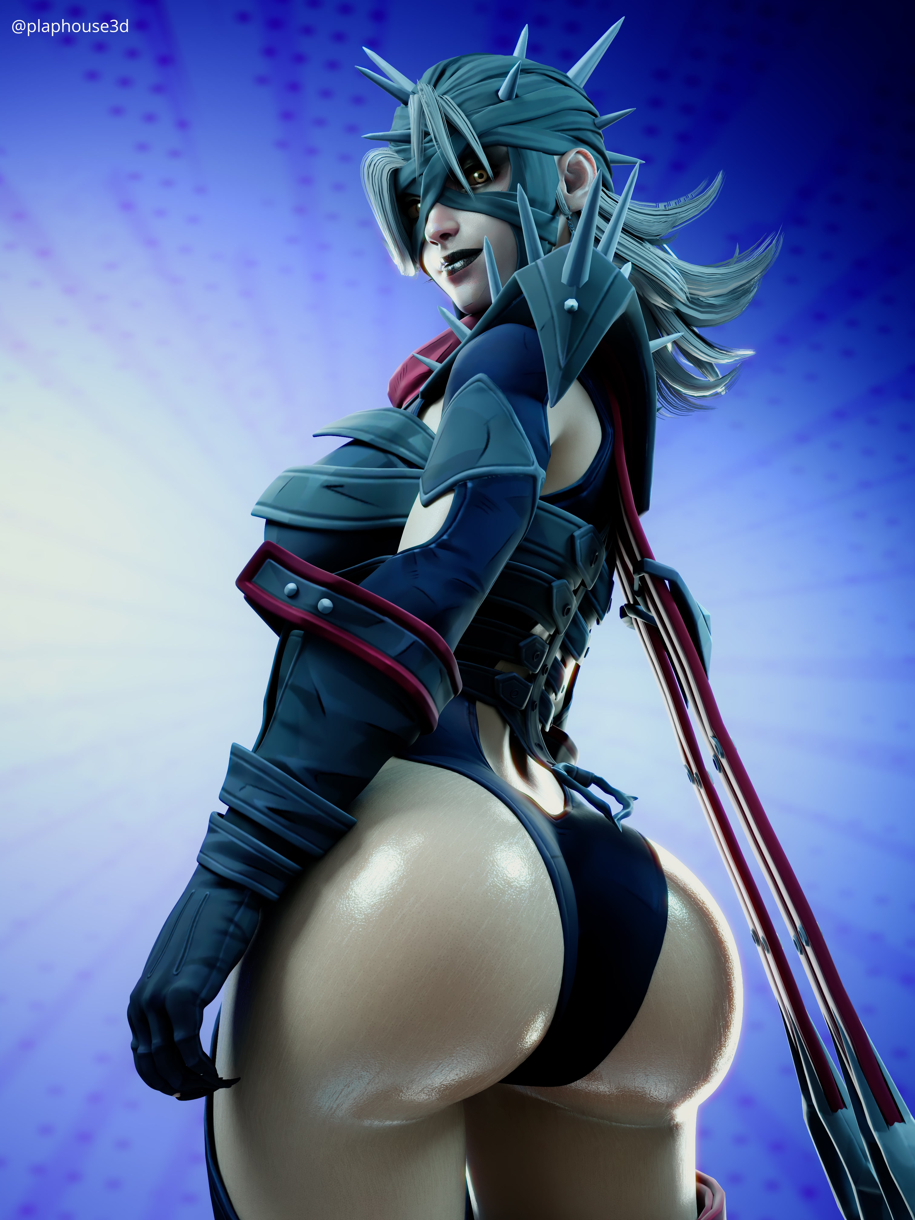 3d, ass, ass focus, big ass, black lips, black lipstick, blender, clothed, female, grey hair, huge ass, invisible woman, invisible woman (marvel rivals), looking at viewer, malice (marvel rivals), malice (marvel), marvel, marvel rivals, plaphouse3d, skimpy clothes, sue storm, thick ass, wet body, wet butt, wet skin, white hair, white skin