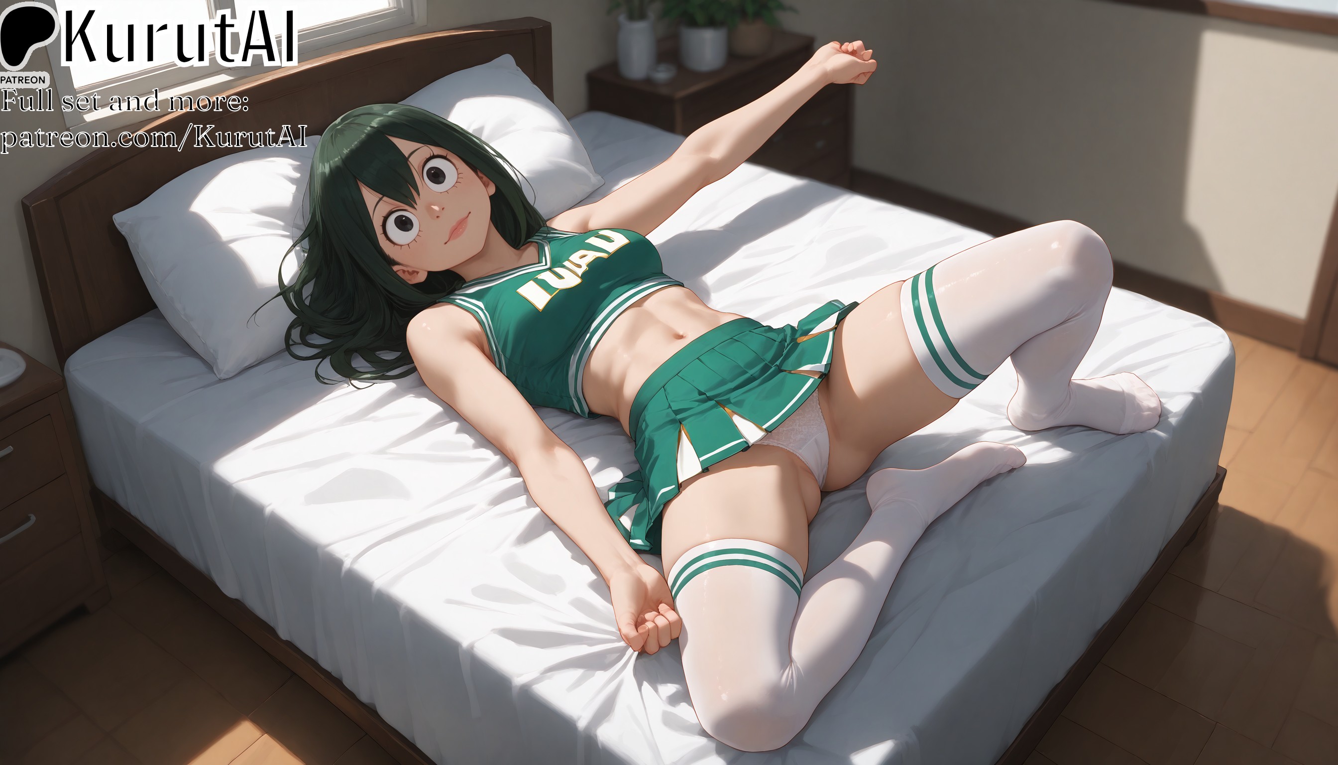 1girls, ai generated, artist name, artist signature, asui tsuyu, bare arms, bare shoulders, bed, bedroom, black eyes, boku no hero academia, breasts, cheerleader, crop top, feet, female, full body, green hair, green shirt, hair between eyes, hi res, high resolution, highres, indoors, kurutai, long hair, looking at viewer, lying, medium breasts, midriff, my hero academia, navel, on back, on bed, panties, pantyshot, patreon, skirt, solo, spread legs, thighhighs, toned, tsuyu asui, uncensored, underwear, white panties