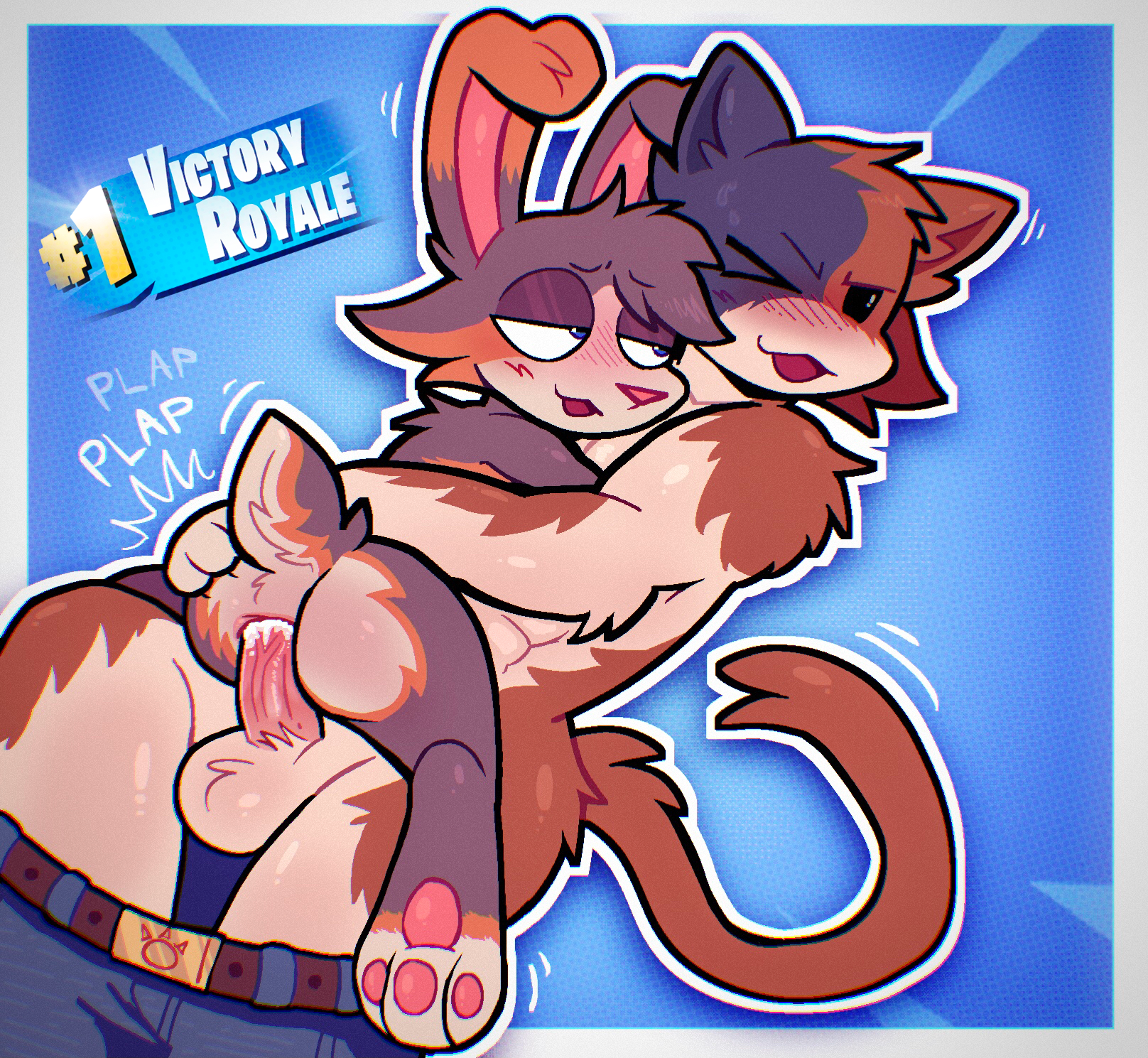 abs, anal, anal sex, anthro, anus, ass, ass grab, balls, balls tuft, belt, big penis, blue body, blue fur, blush, blush lines, bnnuyhole, bodily fluids, bottomwear, bottomwear down, brown body, brown fur, butt grab, canid, canine, canis, clothed, clothing, cum, cum inside, cum while penetrated, denim, denim bottomwear, denim clothing, domestic cat, domestic dog, dripping, duo, ejaculation, epic games, erection, felid, feline, felis, fluffy, fluffy tail, fortnite, fur, genital fluids, genitals, hand on ass, hand on butt, hi res, huge cock, humanoid genitalia, humanoid penis, hybrid, jeans, lagomorph, leporid, male, male/male, mammal, meowscles, motion lines, muscular, nude, open belt, orange body, orange fur, pants, pants down, partially clothed, penetration, penile, penile penetration, penis, penis in ass, rabbit, riley (bnnuyhole), sex, simple background, size difference, sweat, sweatdrop, tail, text, tuft, tufted fur, vein, veiny penis, white body, white fur