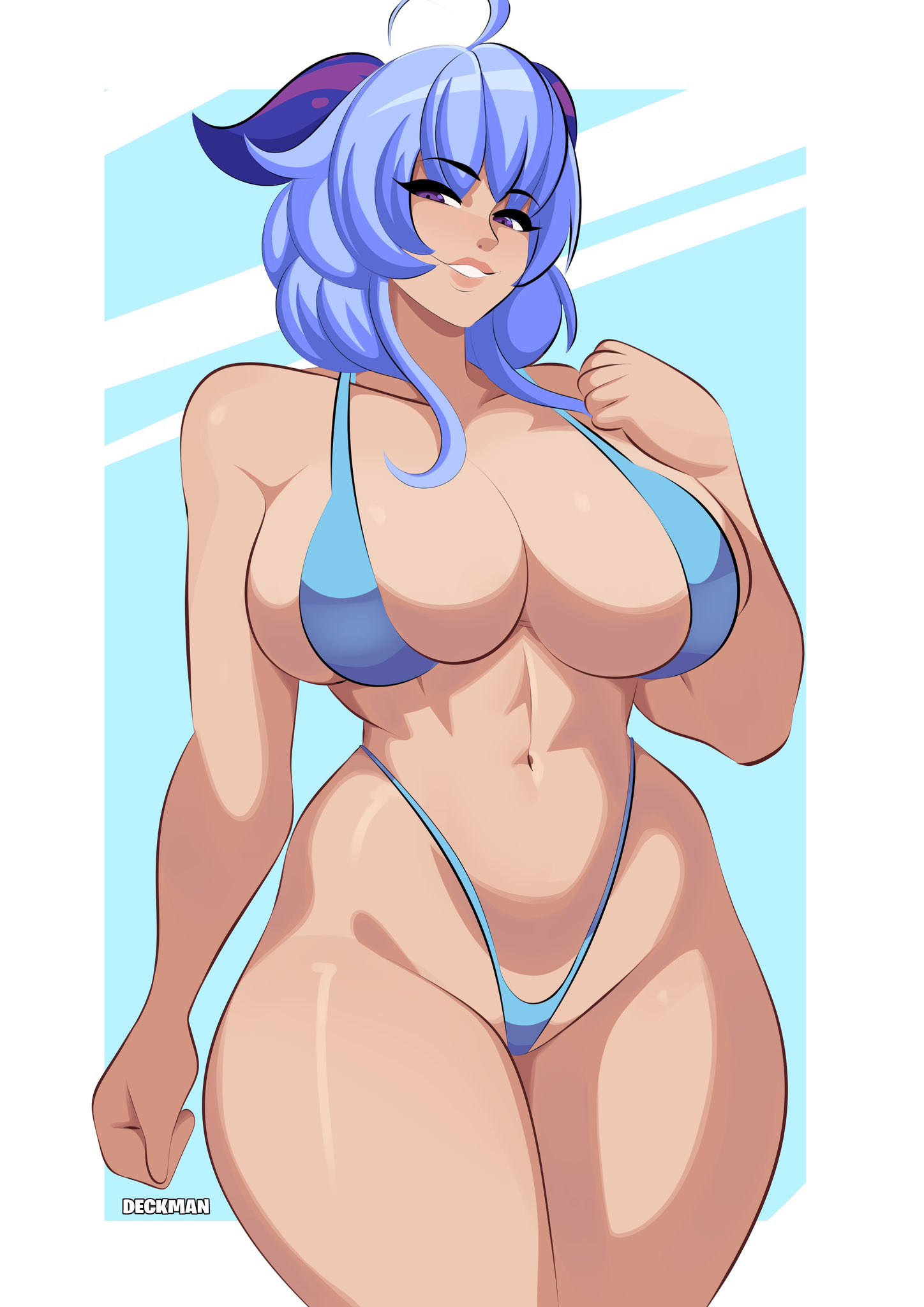 1girls, big breasts, bikini, blue hair, breasts, deckman, female, female only, ganyu (genshin impact), genshin impact, looking at viewer, mrdeck, smile, thick thighs, voluptuous, voluptuous female, wide hips