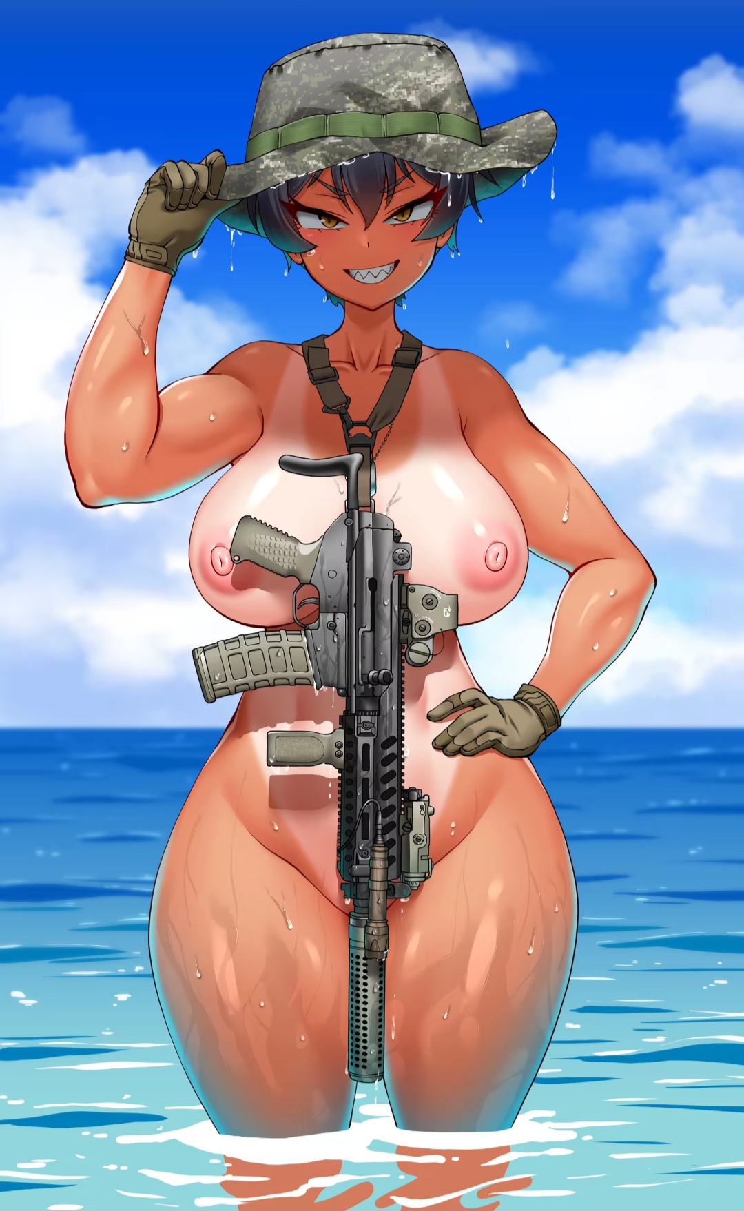 1girls, big breasts, breasts, female, female only, hat, hitch (hitch driessen/perotoss400/kirochef), rokmc chan, soldier, tactical nudity, tagme, tan