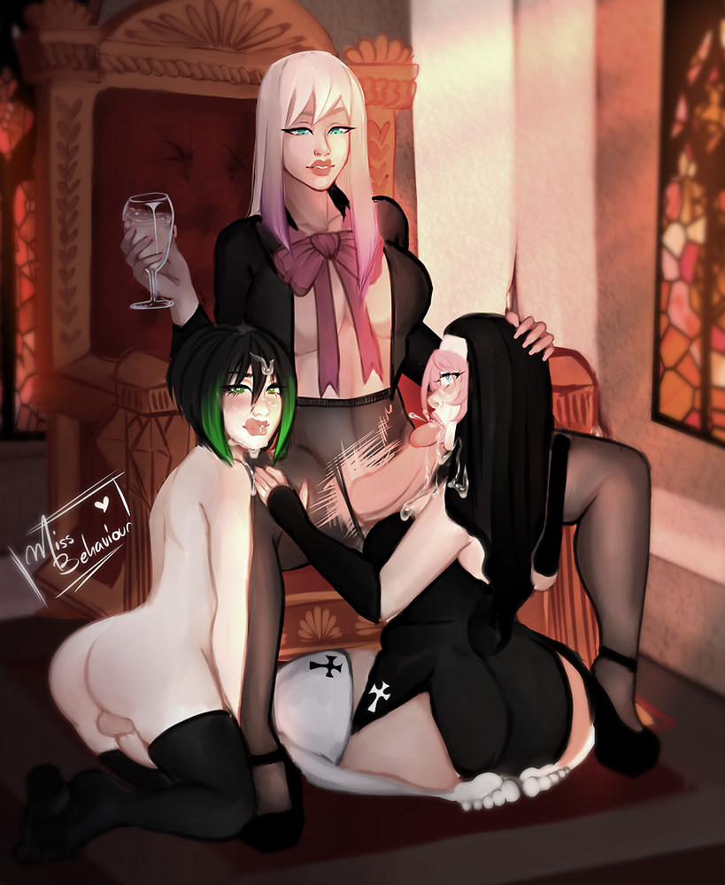 1boy, 1futa, 1girls, 2018, ass, bisexual, both sexes in same situation, chubby, cleric, cum, cum in mouth, cum on face, female, femboy, futa on female, futa on male, futanari, girly, glass, hand on another's head, heart-shaped pupils, hi res, highres, intersex, lesbian, licking lips, male, male and female subs, malesub, missbehaviour, multicolored hair, nun, oral, oral sex, original, original character, penis, pink hair, ripped clothing, sitting, threesome, throne, tights, trap