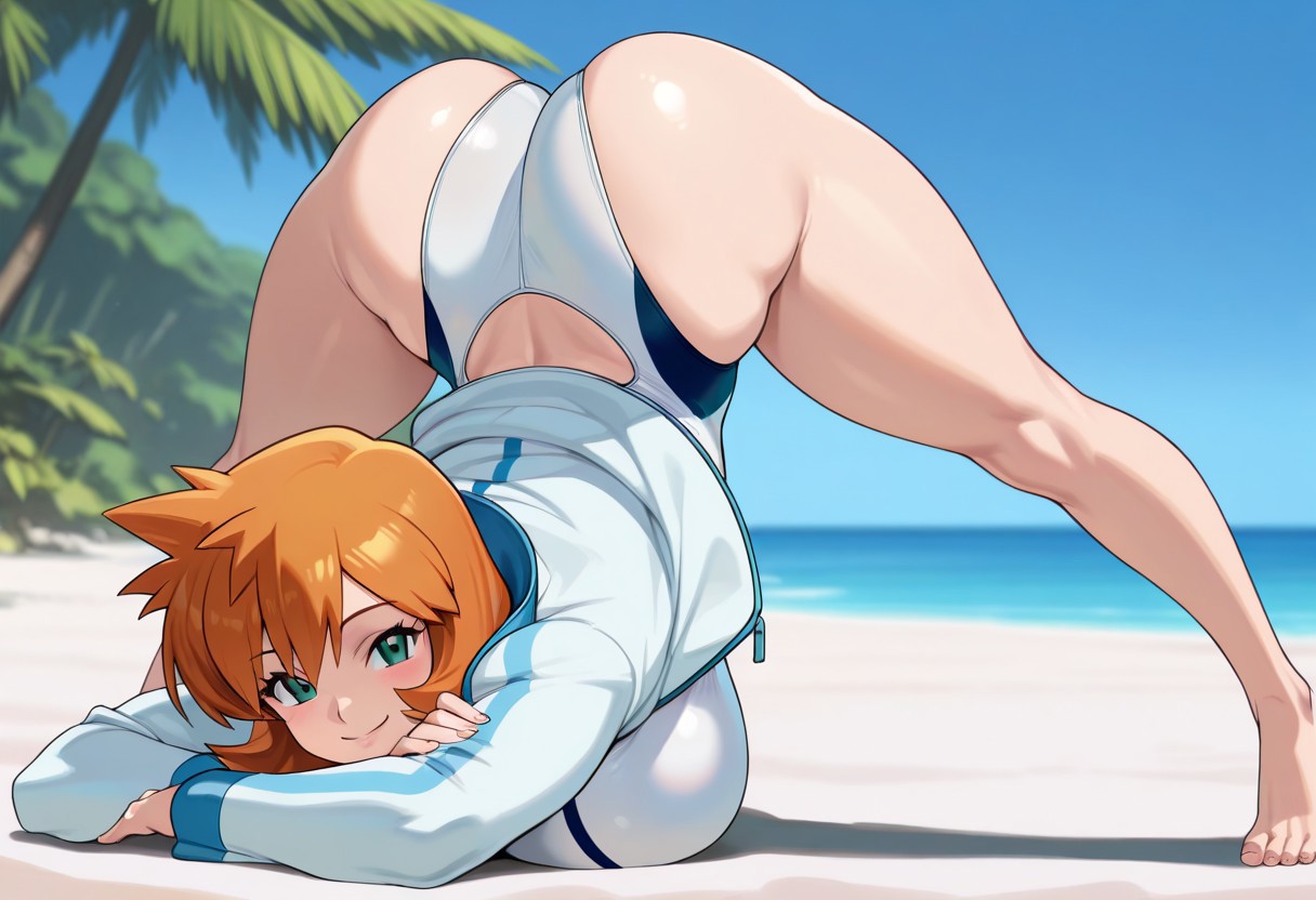 ai generated, all fours, arched back, arm rest, ass, bangs, bare legs, barefoot, beach, bent over, bikini, blue sky, blush, breast press, breasts, cameltoe, cleavage, closed mouth, clothing, competition swimsuit, crossed arms, curvaceous, day, feet, female, female only, flexible, from behind, green eyes, hands on ground, huge ass, huge breasts, jack-o' pose, jacket, kasumi (pokemon), large ass, large breasts, legs, long sleeves, looking at viewer, looking back, lying, misty (pokemon hgss), multicolored clothes, ocean, on stomach, one-piece swimsuit, open clothes, open jacket, orange hair, outdoors, palm tree, pokemon, pussy, sand, shiny skin, shirt, short hair, sky, smile, solo, spread legs, stretch, swimsuit, tank suit, thick ass, thick thighs, thighs, toes, top-down bottom-up, tree, water, white jacket, white one-piece swimsuit, white swimsuit, wide hips, wide spread legs