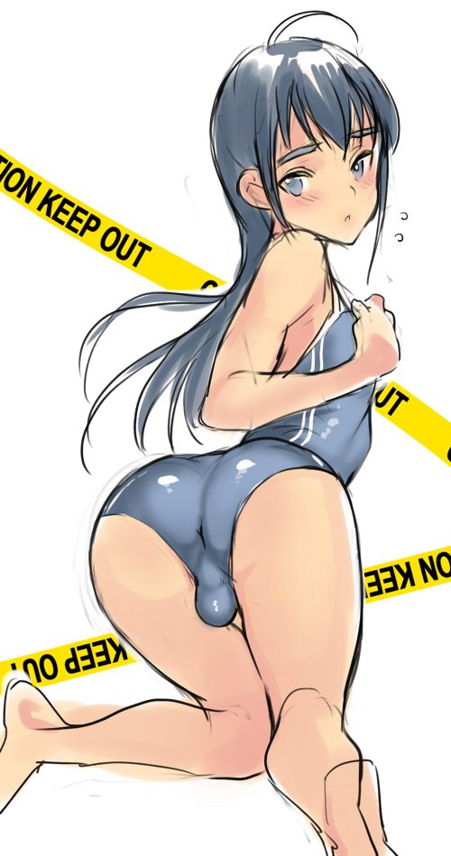 1boy, androgynous, anus, ass, blue eyes, blue hair, blush, bulge, coin rand, crossdressing, femboy, girly, kneeling, male, male only, one-piece swimsuit, rand (artist), solo, swimsuit, trap