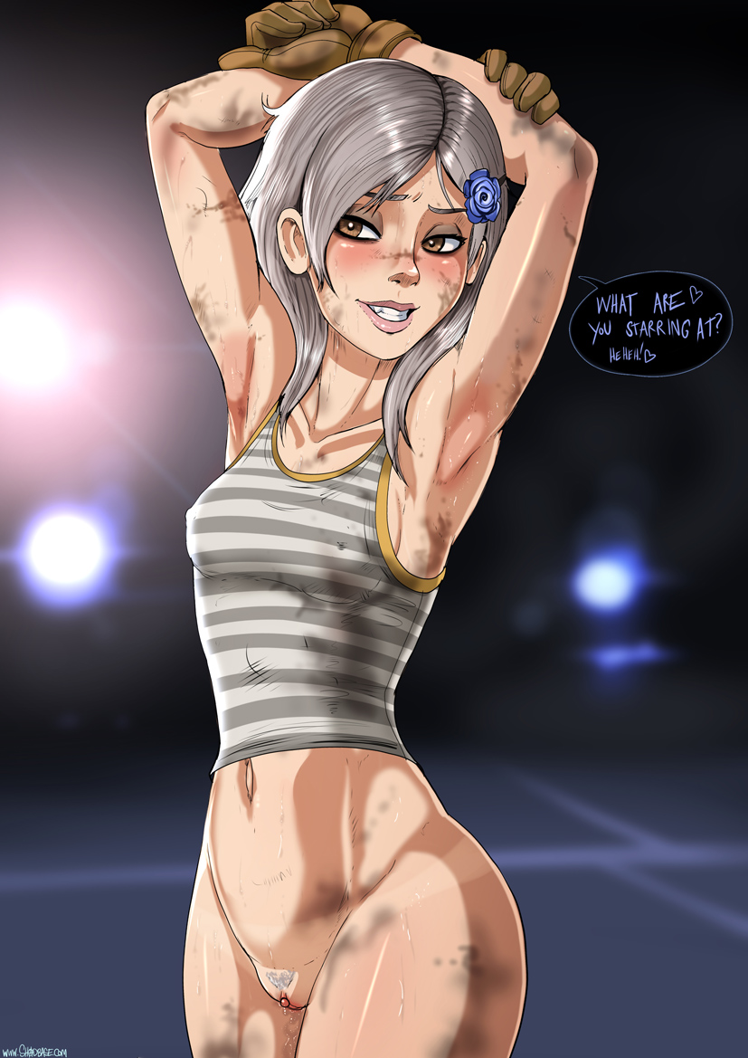 armpits arms_up bottomless breasts brown_hair clitoris dirt female hair_ornament hairclip metal_gear metal_gear_rising metal_gear_solid no_panties pubic_hair pussy shadman silver_hair smile solo standing sunny_gurlukovich tank_top tanline