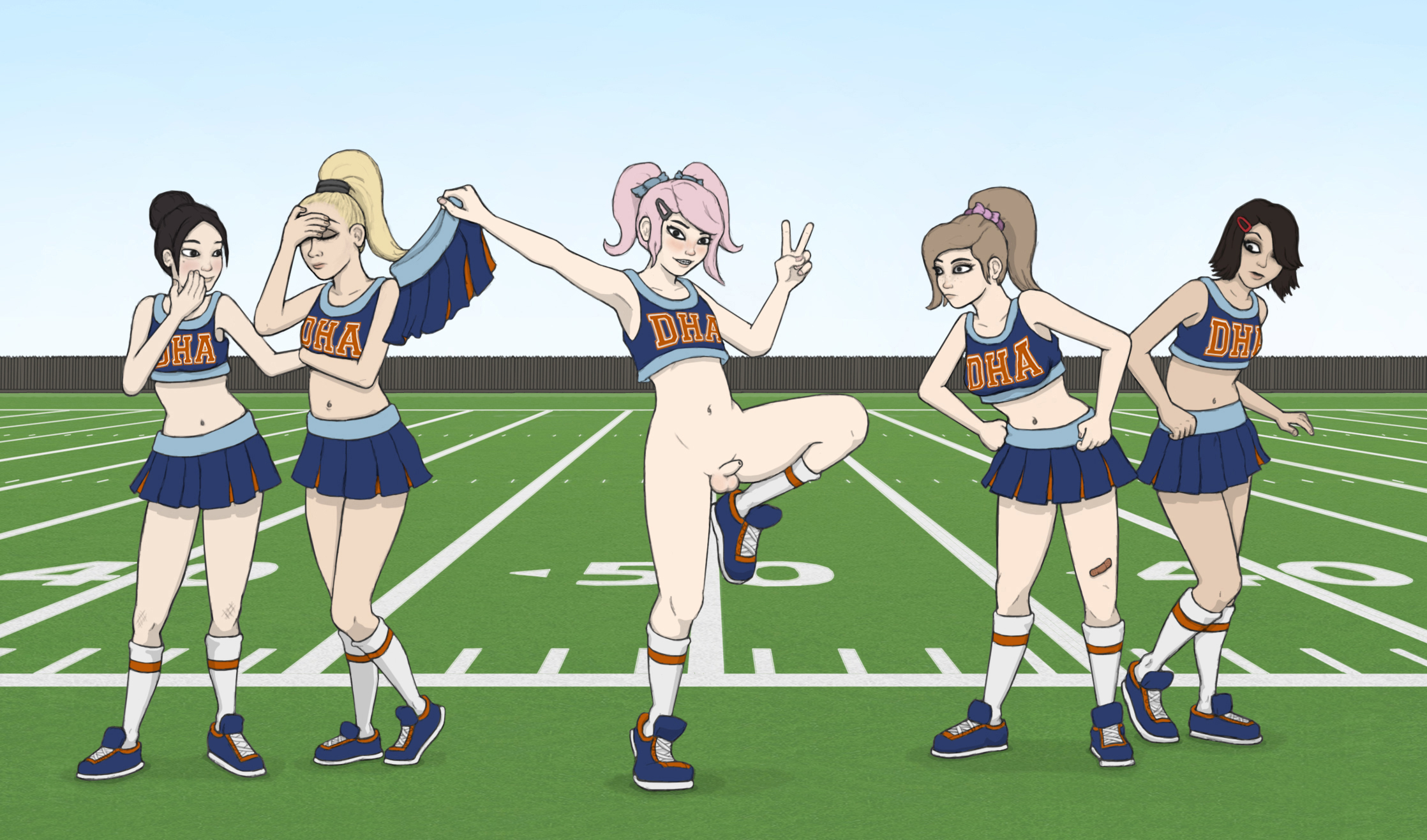 1boy, 4girls, balls, bottomless, bottomless male, braces, cfnm, cheerleader, cheerleader outfit, cheerleader uniform, clothed female nude male, confidently naked, exhibitionism, exhibitionist, female, femboy, foreskin, male, newsoup, only one naked, original, original character, original characters, penis, pink hair, posing, skirt, skirt removed, uncircumcised