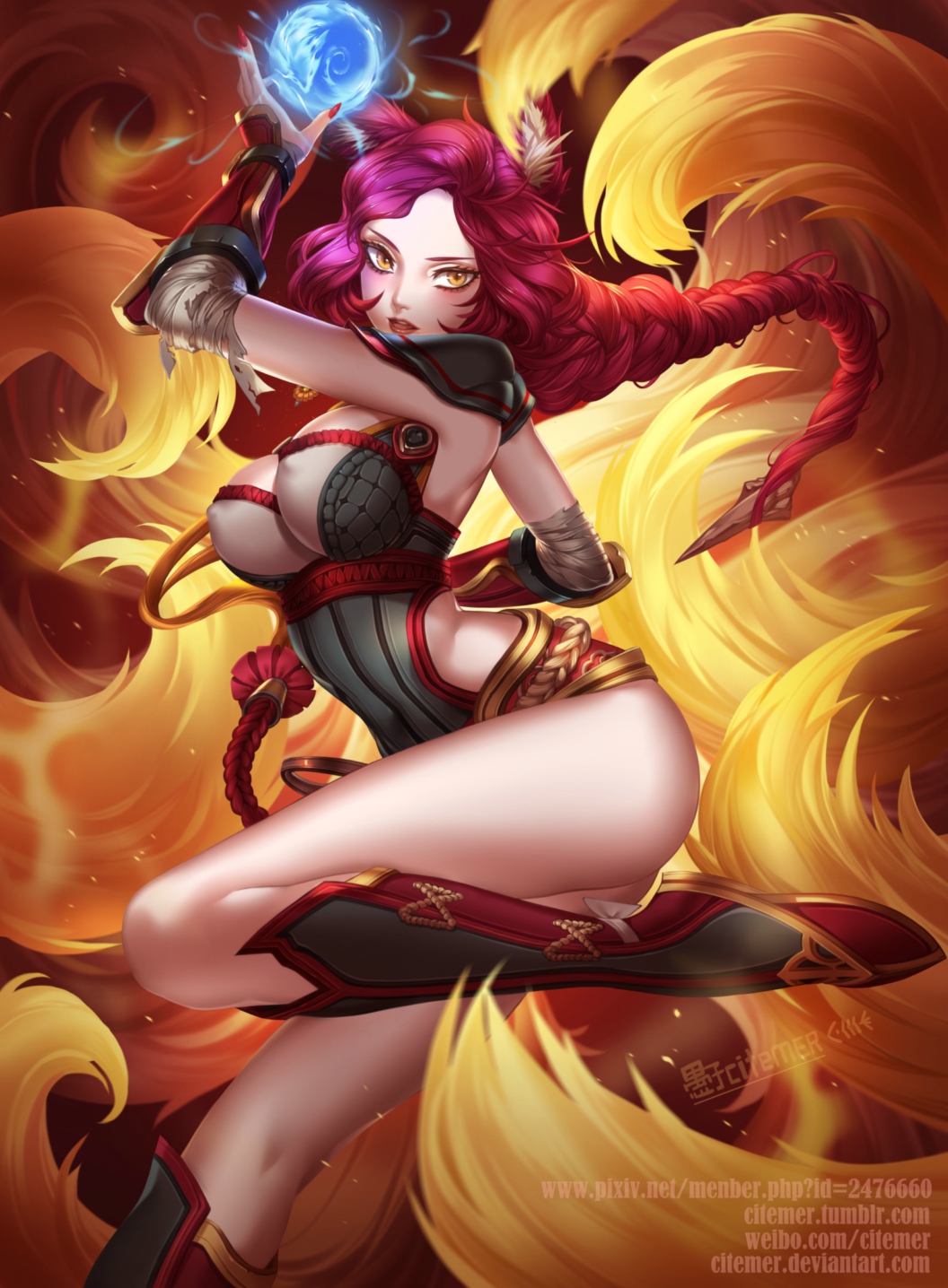 ahri, animal ears, boobs and butt pose, boots, braid, breasts, citemer, cleavage, female, fox tail, foxfire ahri, infernal series, kemonomimi, league of legends, multi tail, pink hair, tail, yellow eyes