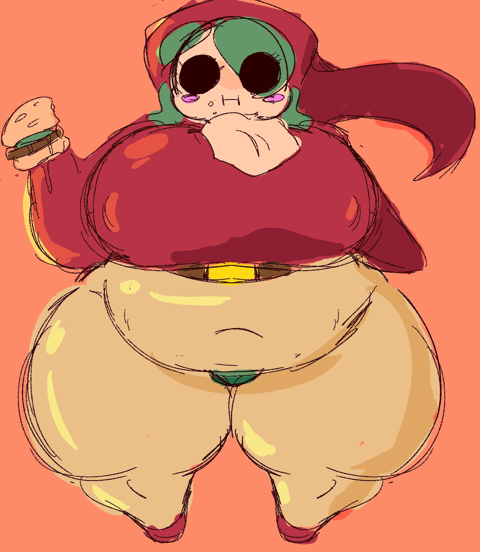 1girls, 2024, 2d, 2d (artwork), ass, blush, breasts, breasts bigger than head, burger, fat, fat ass, fat female, female, green hair, half naked, high heels, huge ass, large ass, large breasts, looking at viewer, mario (series), nintendo, obese, obese female, p-con, shortstack, shy gal, shy gal red, simple background, sketch, spurhuns, thick thighs, thunder thighs