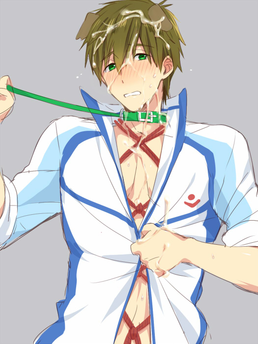 animal_ears bondage collar cum dog_ears facial free! funikurikurara green_eyes green_hair human leash looking_at_viewer male male_only tachibana_makoto track_jacket upper_body