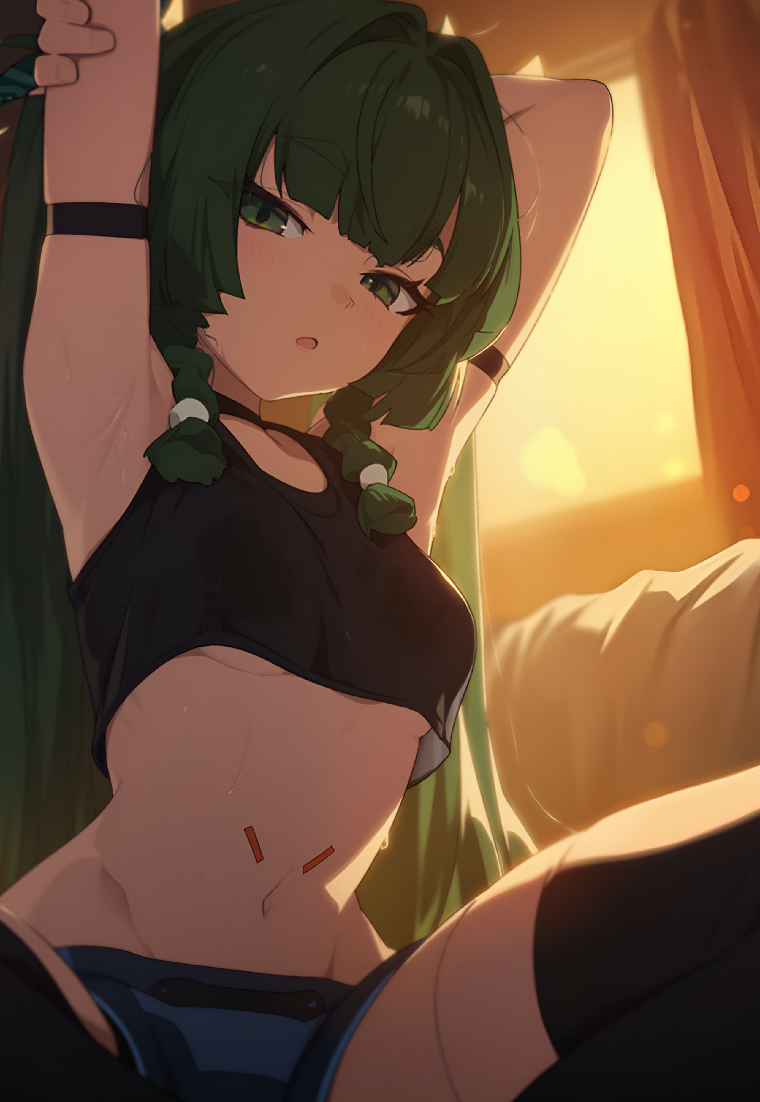 android, android girl, armpits, arms up, breasts, crop top, curvy figure, female, female only, green eyes, green hair, green-eyed female, green-haired female, hare zzv, looking at viewer, morning, qingyi (zenless zone zero), robot, robot girl, robot humanoid, small breasts, zenless zone zero