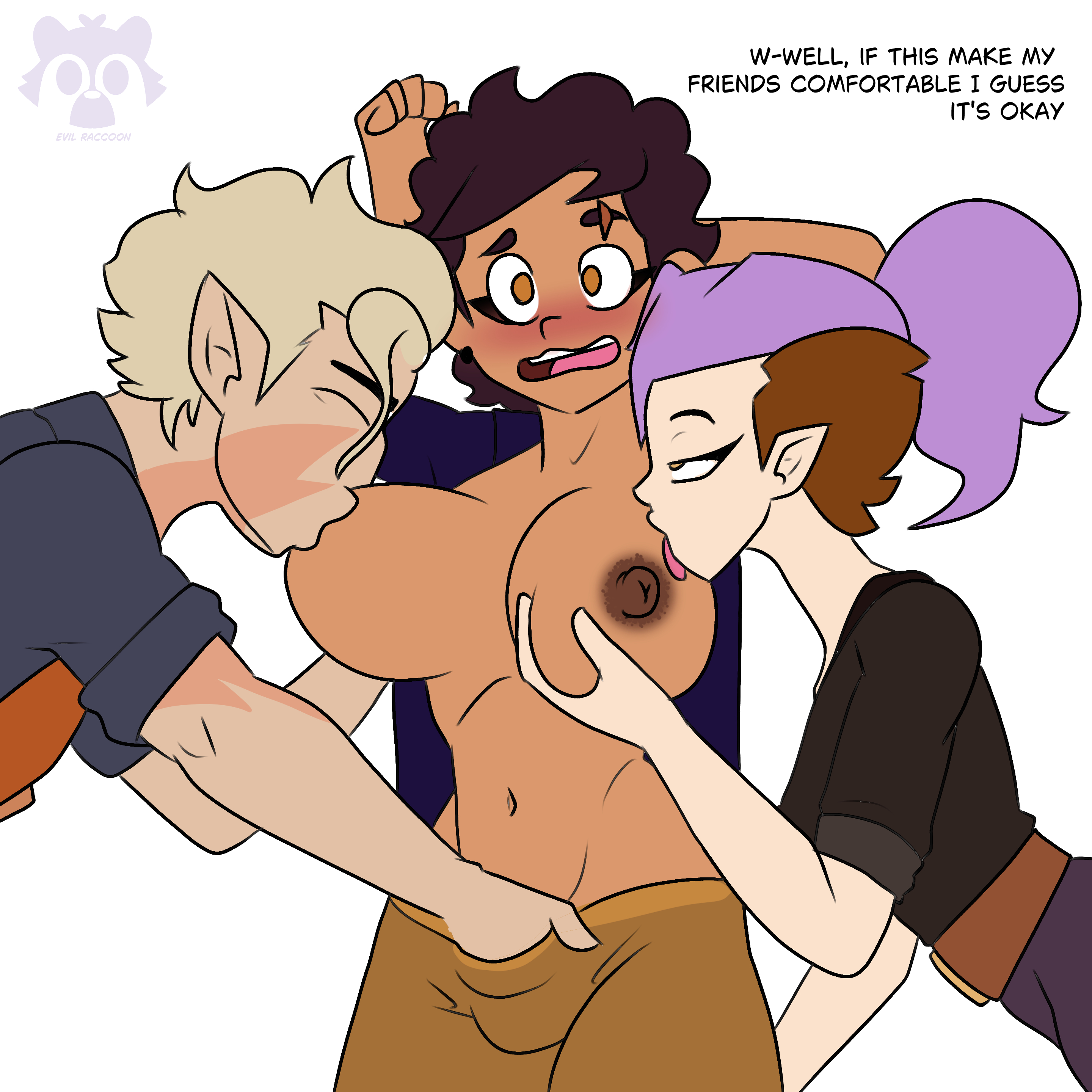 1boy, 2girls, amity blight, arms up, big breasts, bisexual, blonde hair, blush, breast sucking, breasts, dark skin, dialogue, dyed hair, english text, evil raccoon, female, grabbing, grabbing breasts, hunter (the owl house), latina, licking breast, luz noceda, male, massive breasts, meme, multiple females, multiple girls, nipples, pale skin, pink hair, pointy ears, ponytail, purple hair, short hair, sucking, sucking nipples, text, the owl house, the owl house (finale), threesome, witch