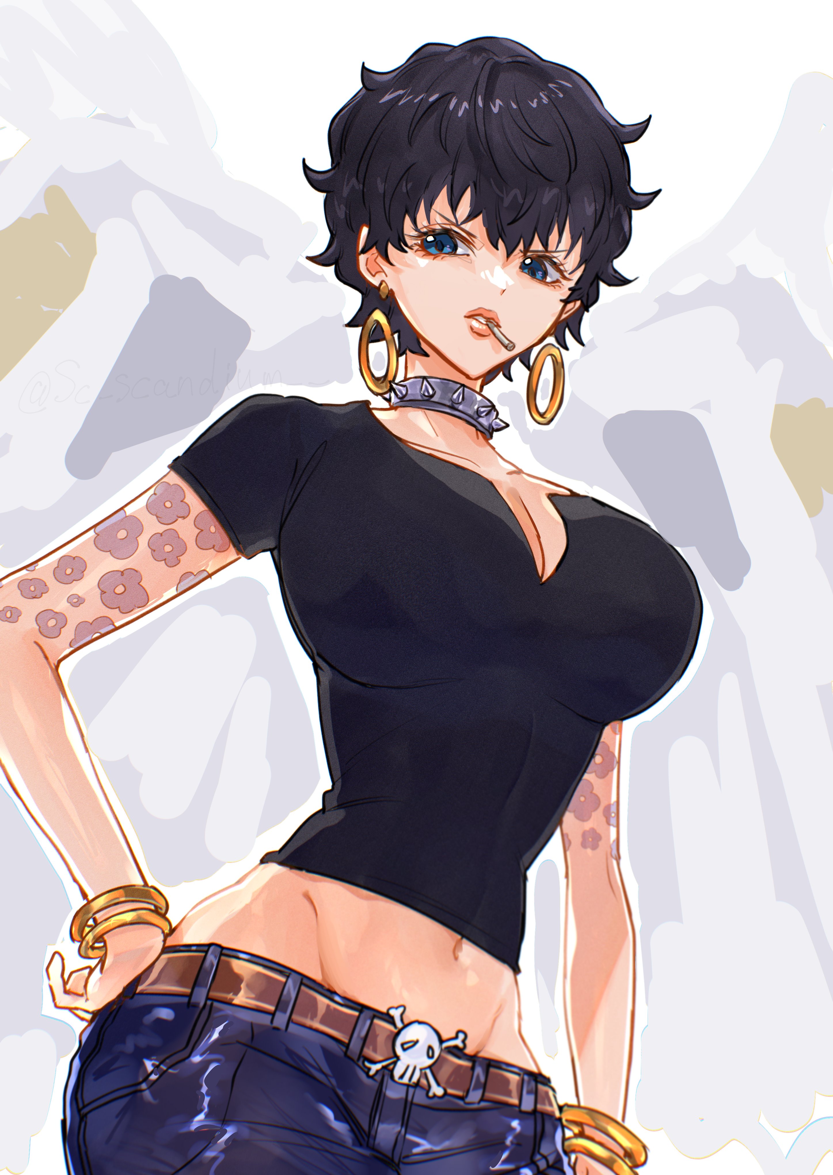 1girls, arm tattoo, belt, big breasts, black hair, black shirt, black-haired female, blue eyes, bracelet, breasts, choker, cigarette, cigarette in mouth, cleavage, clothed, clothing, curvaceous, curvy, curvy female, curvy figure, doll (one piece), earrings, female, female focus, female only, flower tattoo, jeans, large breasts, light skin, light-skinned female, looking at viewer, low-angle view, midriff, navel, one piece, sc scandium, shirt, short hair, shounen jump, slim waist, solo, solo female, solo focus, spiked choker, standing, tattoo, thin waist