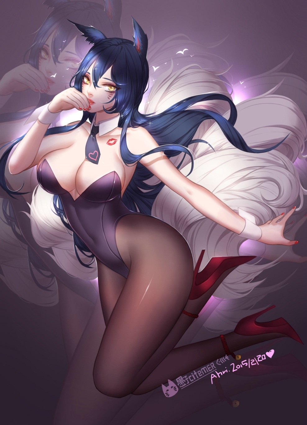 ahri, animal ears, blue hair, breasts, bunny girl, citemer, cleavage, female, fur, furry tail, high heels, humanoid, large breasts, league of legends, leotard, long hair, multi tail, pantyhose, tail, tie