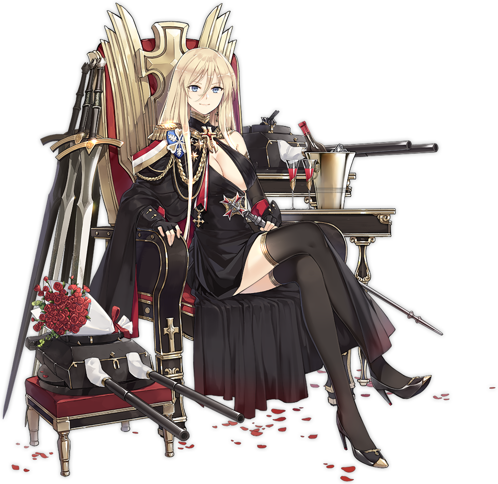 aiguillette alcohol asymmetrical_clothes azur_lane bismarck_(azur_lane) bismarck_(beacon_of_the_ironblood)_(azur_lane) black_cape black_dress black_footwear black_gloves black_thighhighs blonde_hair blue_eyes bottle bouquet breasts cannon cape cg chair cleavage closed_mouth cross cross_earrings crossed_legs cup dress drinking_glass earrings elbow_rest epaulettes female fingerless_gloves flower full_body gacha game gloves hair_between_eyes high_heels holding iron_blood_(azur_lane) iron_cross jewelry large_breasts long_hair looking_at_viewer machinery medal medallion official_alternate_costume official_art petals red_flower rigging rose rose_petals scepter side_cape sidelocks simple_background single_bare_shoulder single_epaulette sitting smile solo sword thighhighs throne turret weapon white_background wine_glass