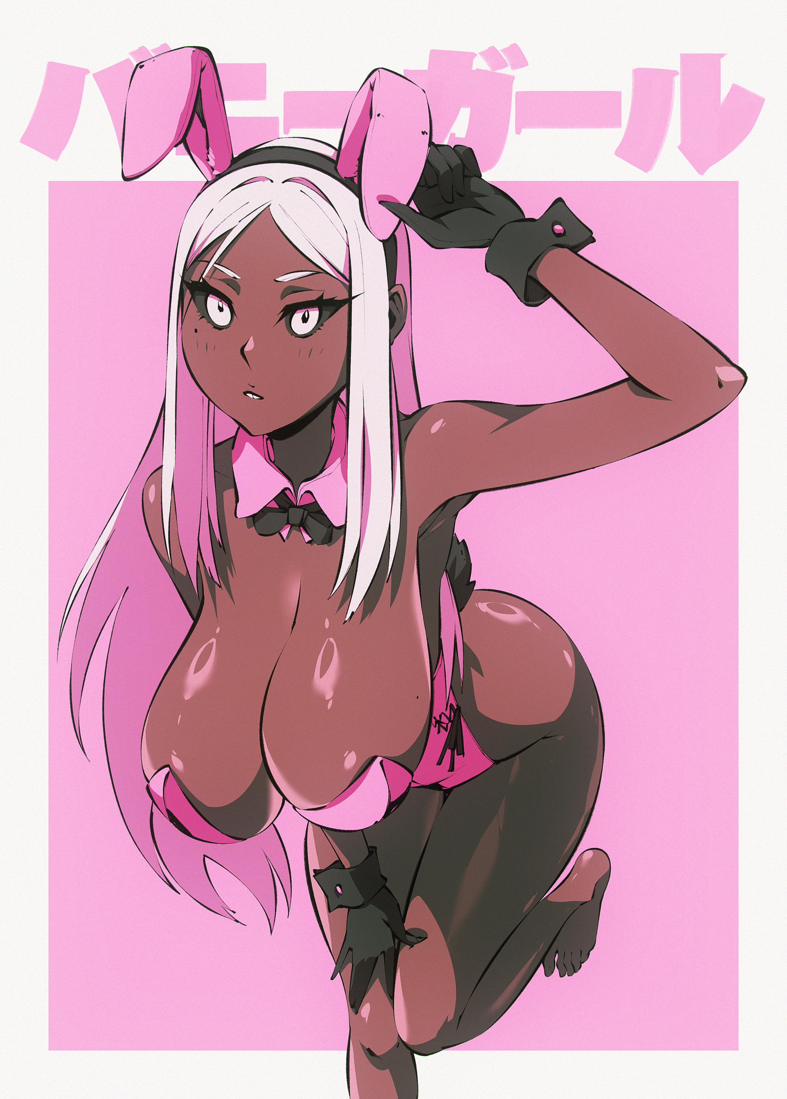 bunnysuit, dark skin, dark-skinned female, feet, female, flou, original, original character, pink hair, stella (flou), tagme, white hair