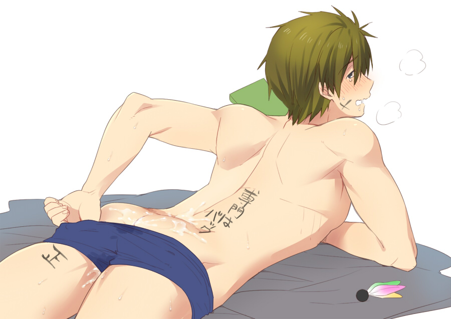 1boy ass ass_cleavage body_writing brown_hair butt_crack cum cum_on_lower_body free! funikurikurara green_eyes looking_at_viewer male_only tachibana_makoto underwear undressing white_background