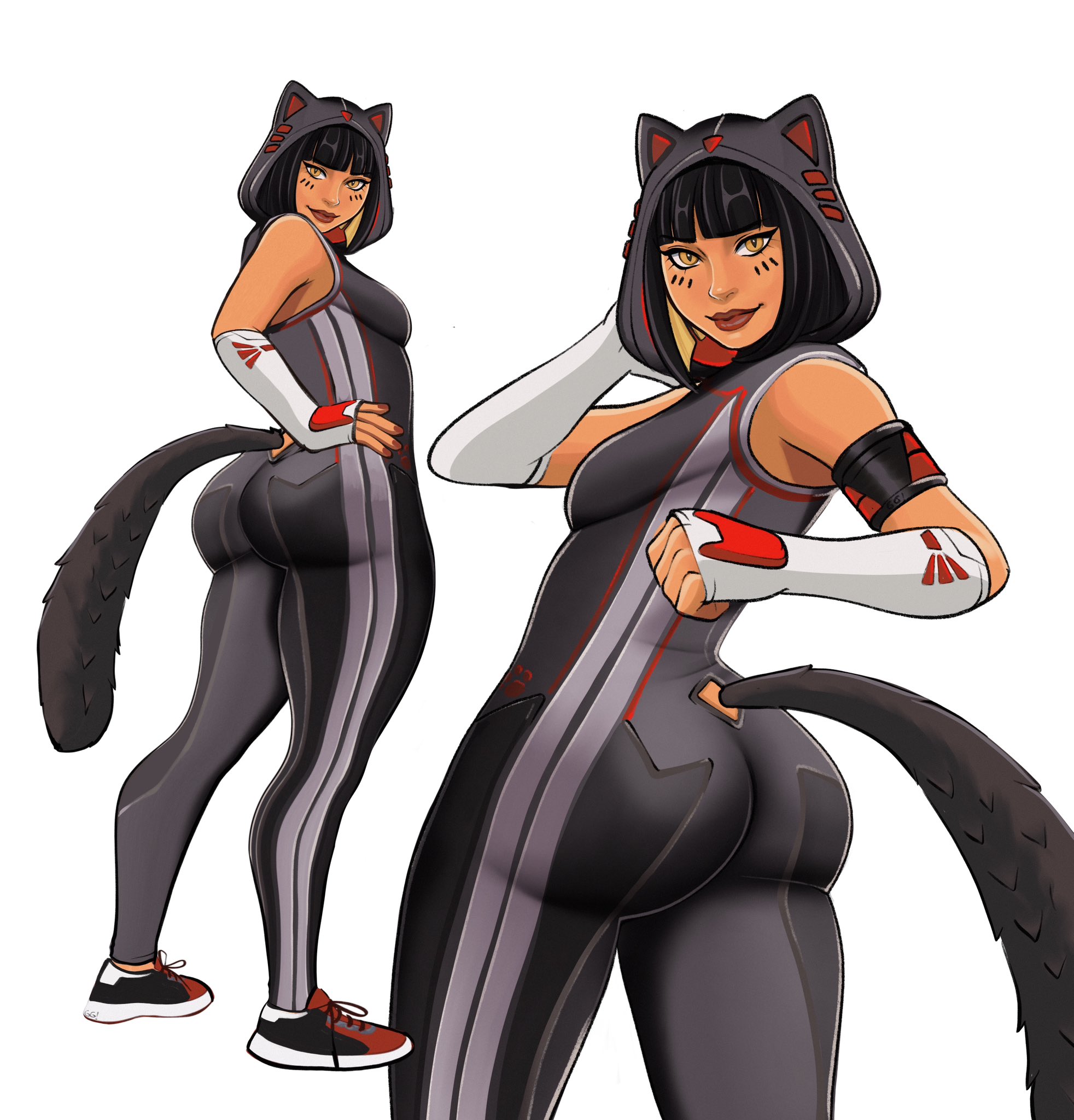 1girls, 2025, agata (fortnite), ass, ass focus, big ass, black hair, bottom heavy, cat ear hood, cat tail, epic games, female, fortnite, fortnite: battle royale, fully clothed, gigis lab, hood, short hair, thick thighs, tight clothing, yellow eyes