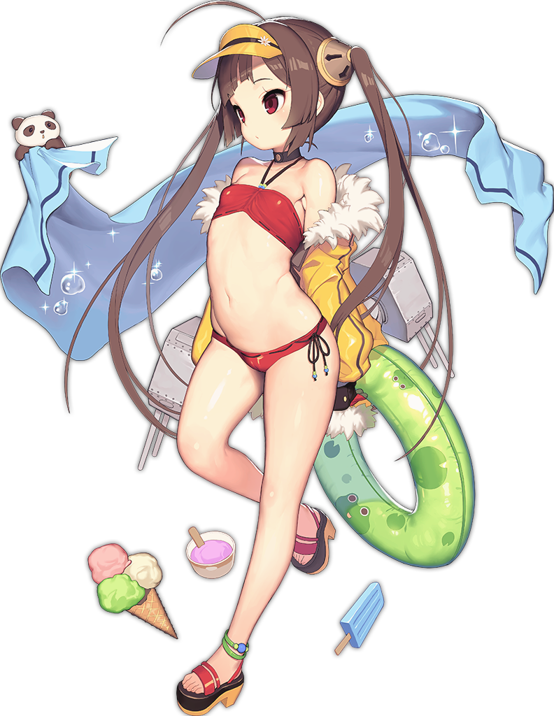 ahoge animal azur_lane bare_legs bare_shoulders bikini breasts brown_hair cg choker closed_mouth dragon_empery female food full_body fur-trimmed_jacket fur_trim game halterneck ice_cream innertube jacket long_hair long_sleeves machinery navel off_shoulder official_alternate_costume official_art panda ping_hai_(azur_lane) ping_hai_(summer_vacation)_(azur_lane) platform_footwear popsicle red_bikini red_eyes sandals side-tie_bikini_bottom simple_background small_breasts solo standing standing_on_one_leg swim_ring swimsuit towel twintails very_long_hair visor_cap white_background yellow_jacket young