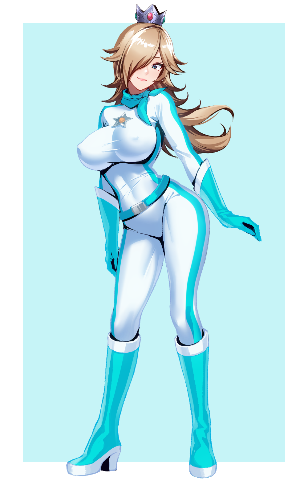 1girls belt biker_clothes blonde_hair blue_eyes bodysuit boots breasts crown erect_nipples erection_under_clothes female gloves long_hair looking_at_viewer mario_(series) mario_kart nintendo nipples one_eye_obstructed princess_rosalina scarf skin_tight smile solo tight_clothing volyz